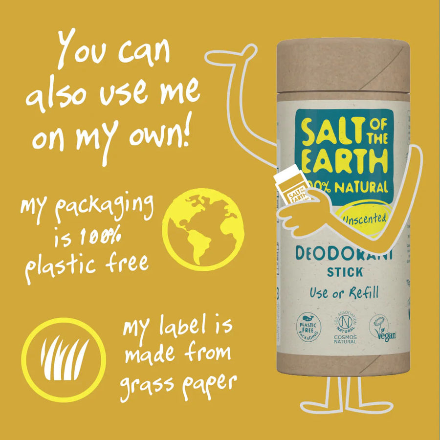 Salt of the Earth Unscented Deodorant Stick 75g recyclable packaging infographic