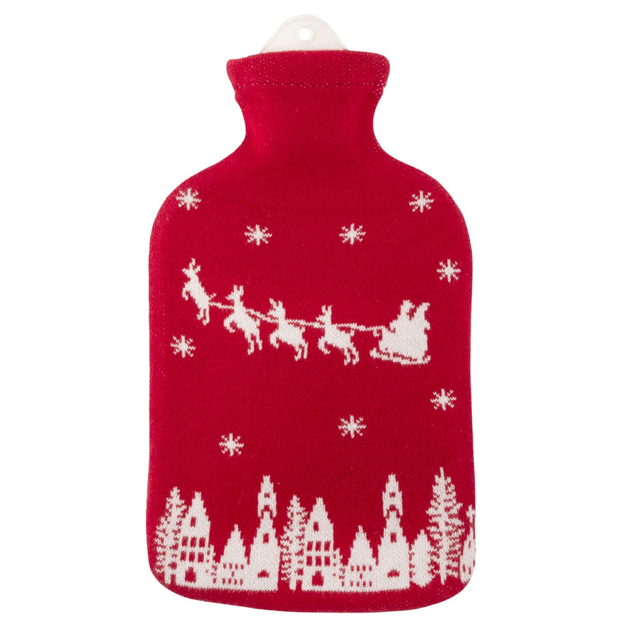 Eco Living Natural Rubber Hot Water Bottle in red with a white Santa's sleigh