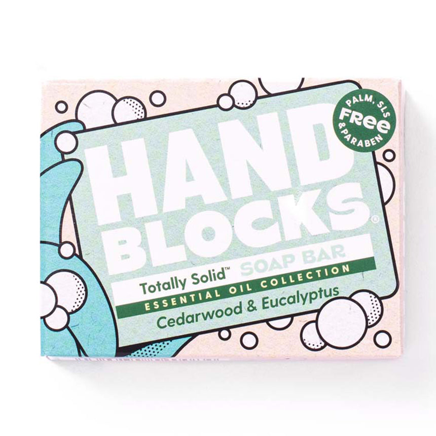 Hand Blocks Essential Oil Hand Soap Box Ingredients - Cedarwood & Eucalyptus on a white background