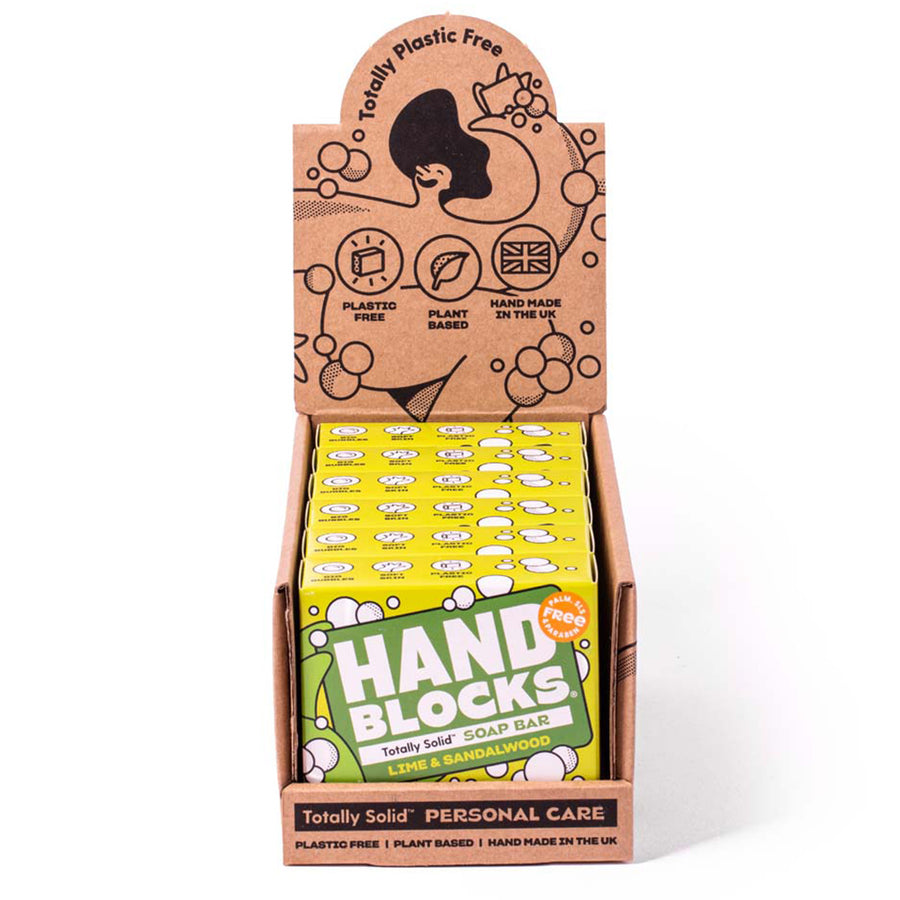 Hand Blocks Hand Soap Bar - Lime & Sandalwood in a cardboard sleeve on a white background. Plastic Free