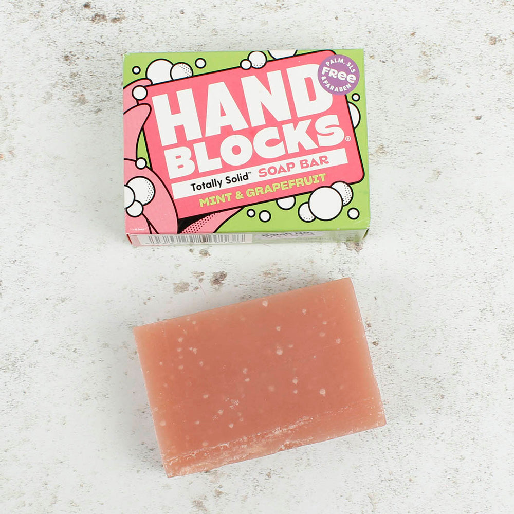 Hand Blocks Soap Bar and Box in Mint and Grapefruit on a white background