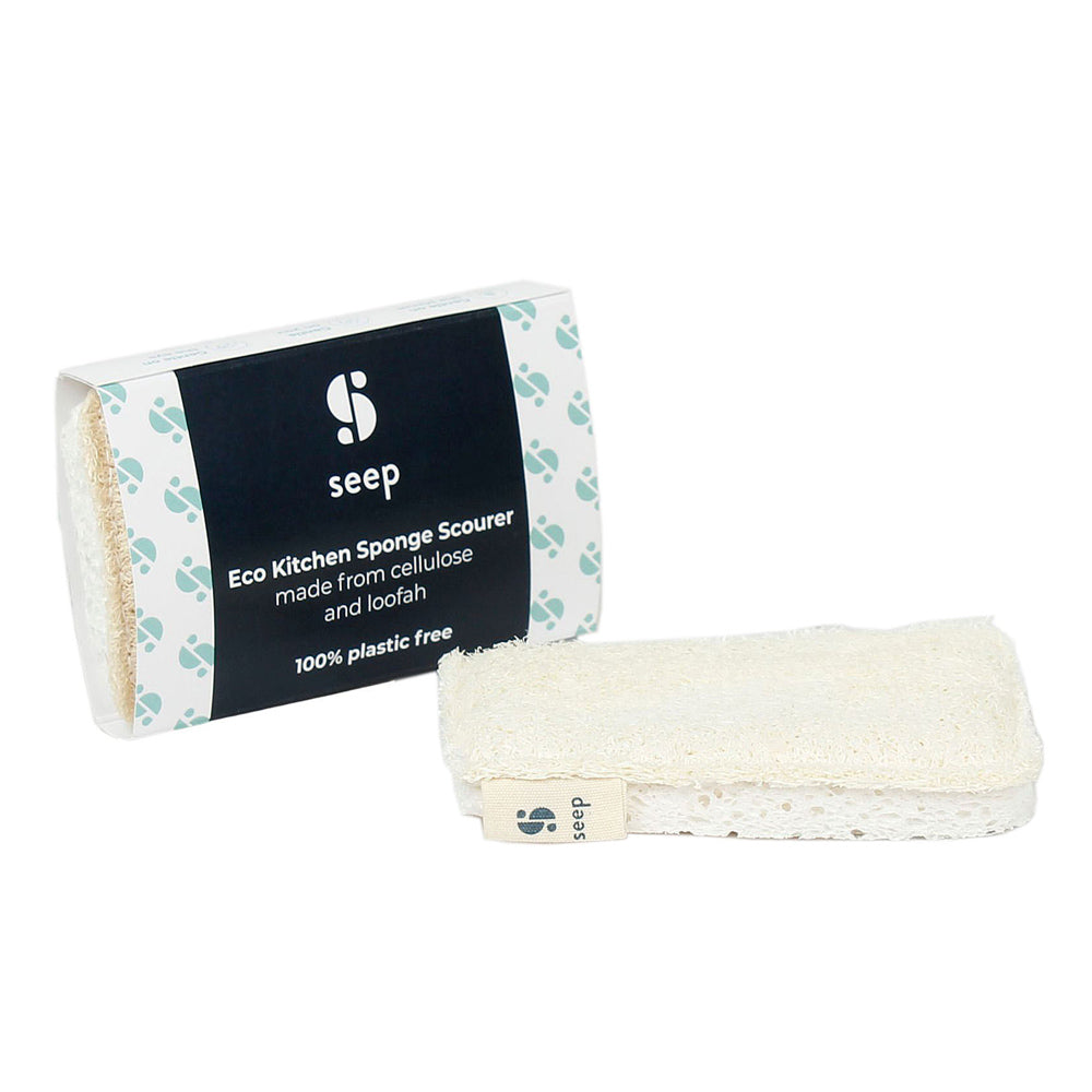 Seep natural cellulose and loofah scourer on a white background next to its cardboard sleeve