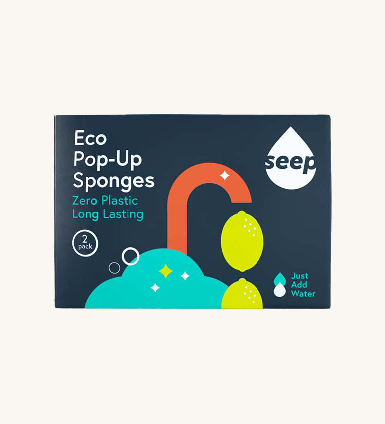 Seep eco pop up sponges in original cardboard packaging on a cream backround.