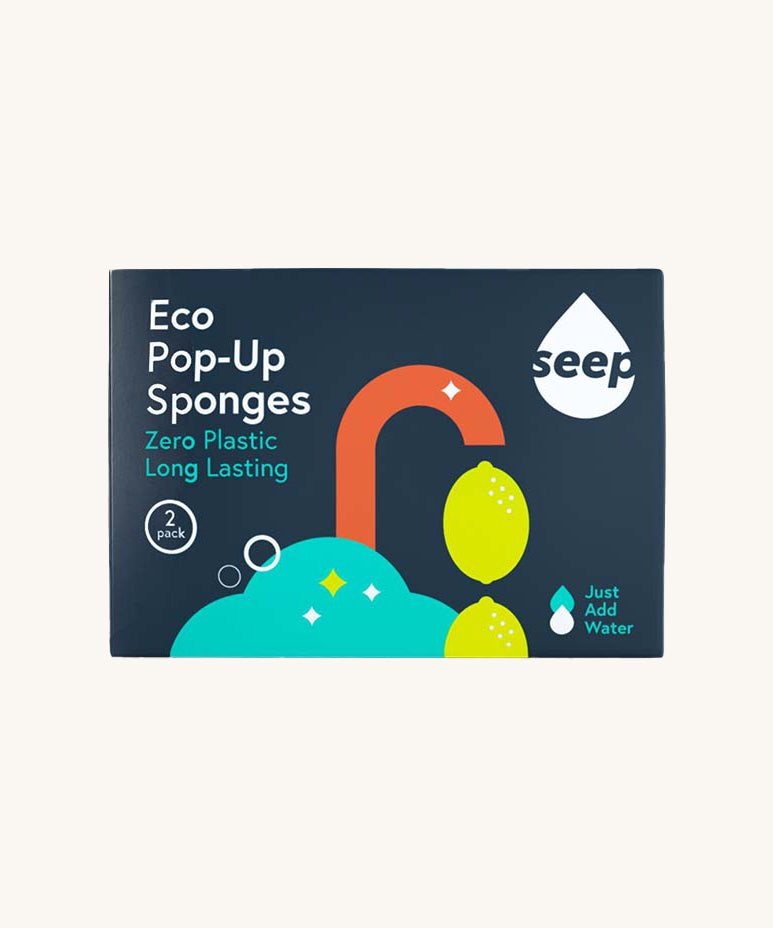 Seep eco pop up sponges in original cardboard packaging on a cream backround.