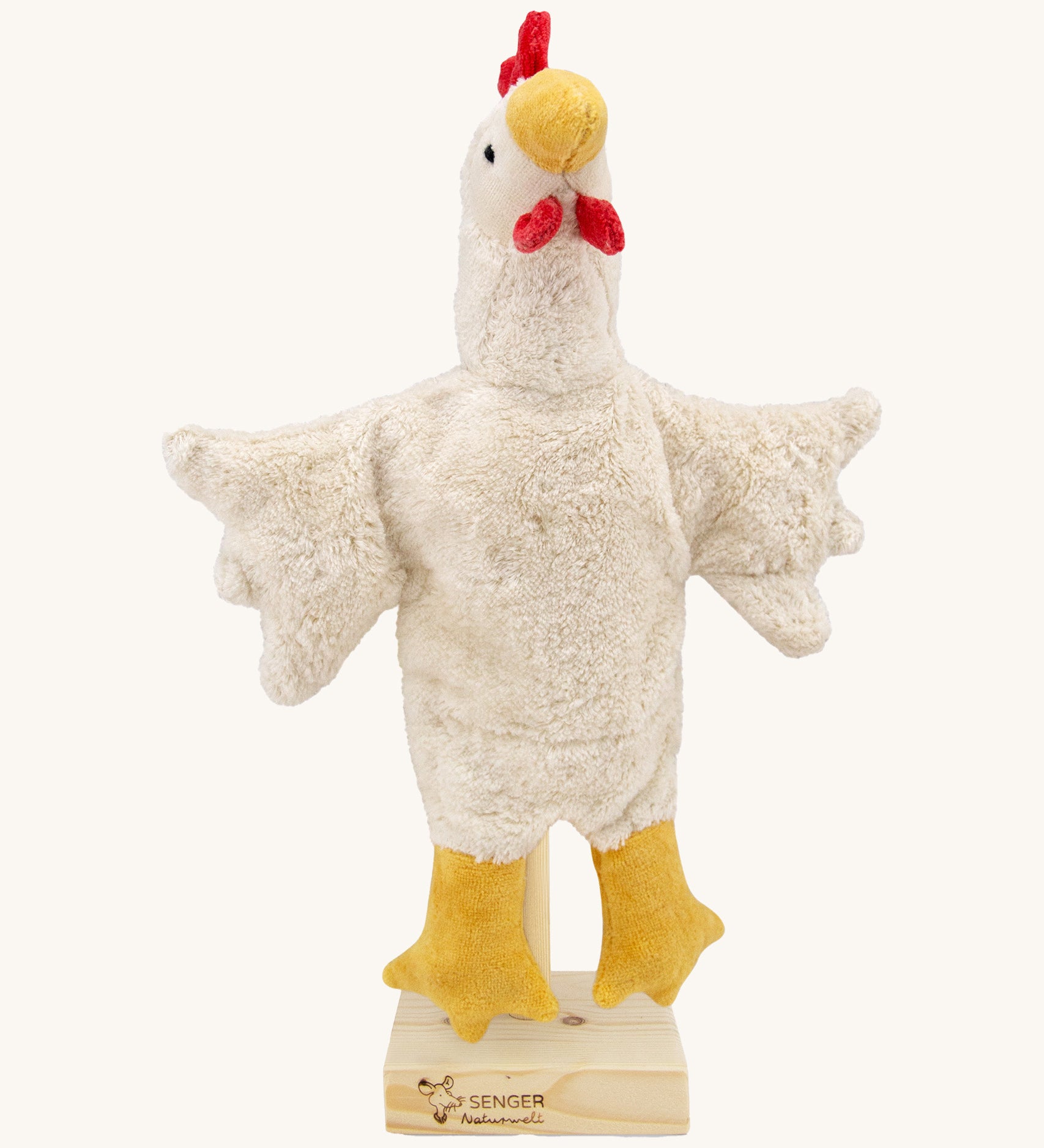 Senger Hand Puppet - White Chicken organic soft toy on a cream background.