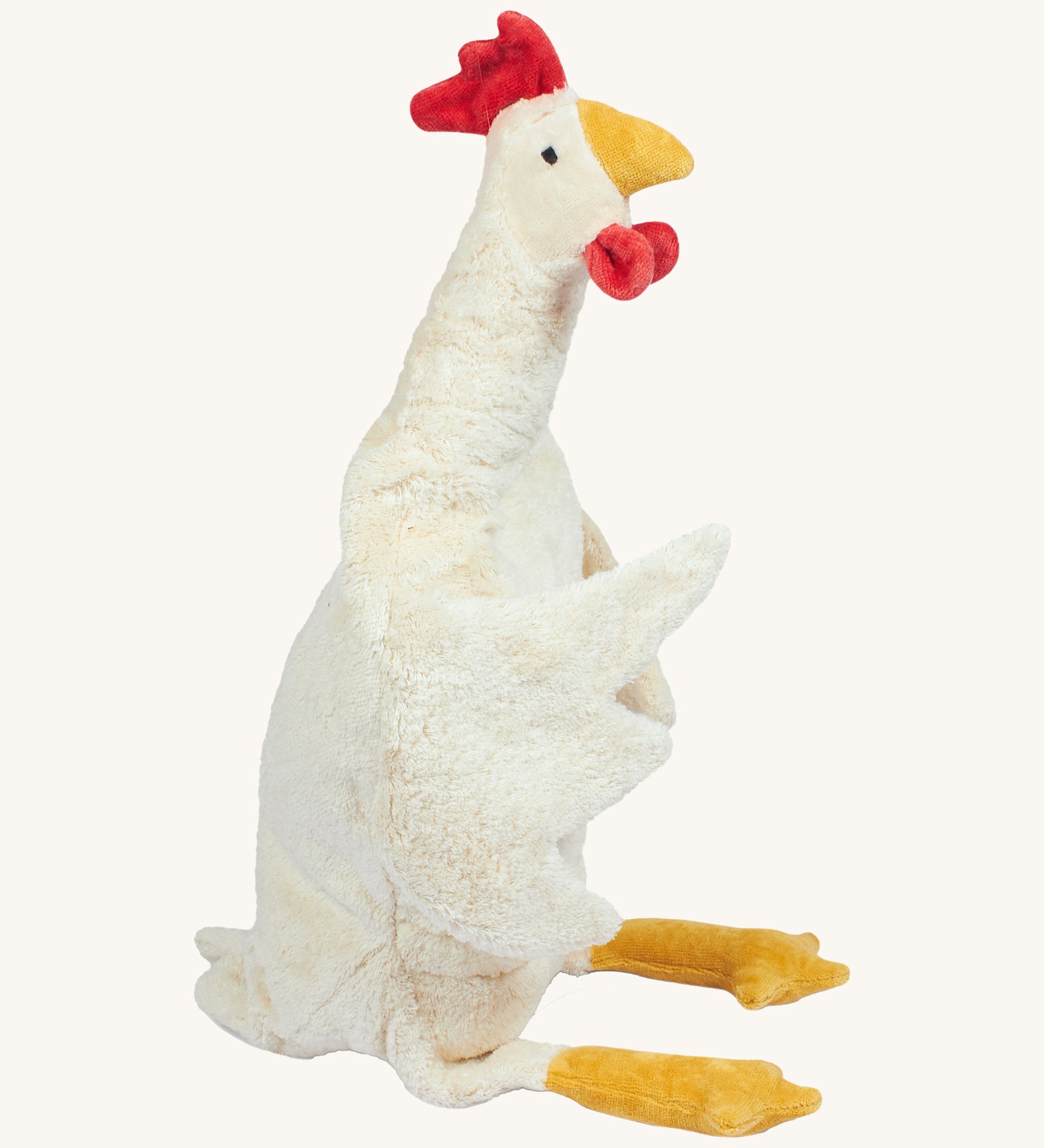 Senger Cuddly White Chicken - Large organic heatable soft toy on a cream background.