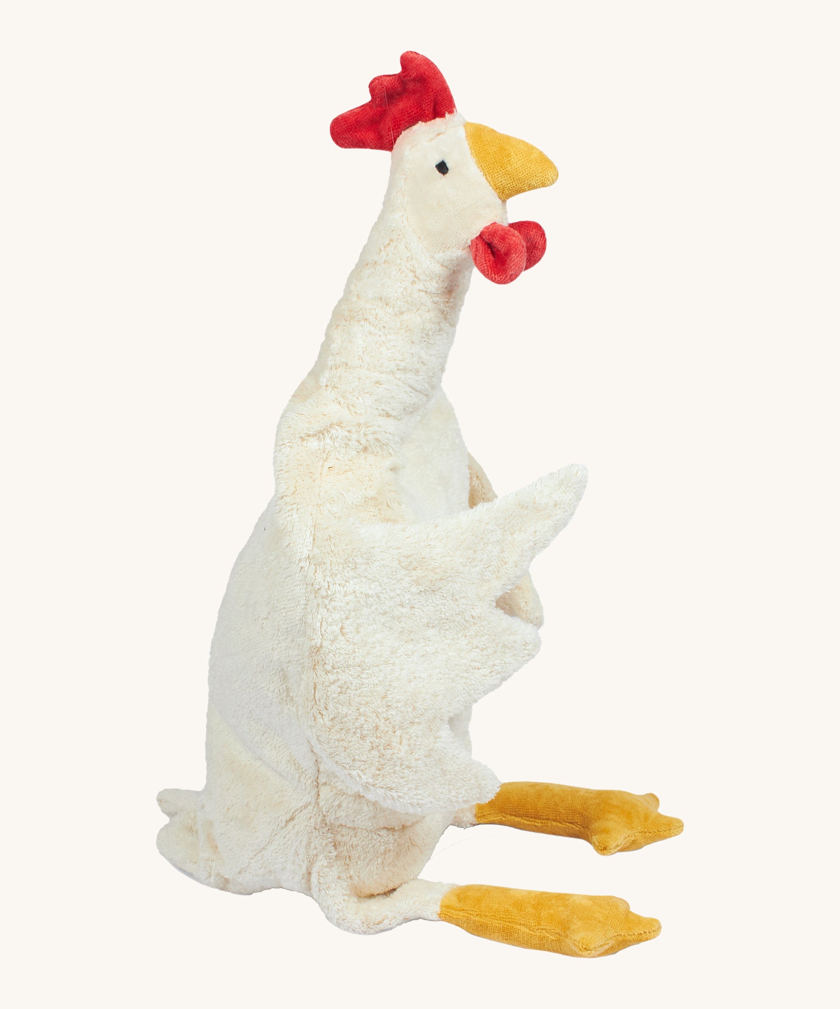 Senger Cuddly White Chicken - Large organic heatable soft toy on a cream background.