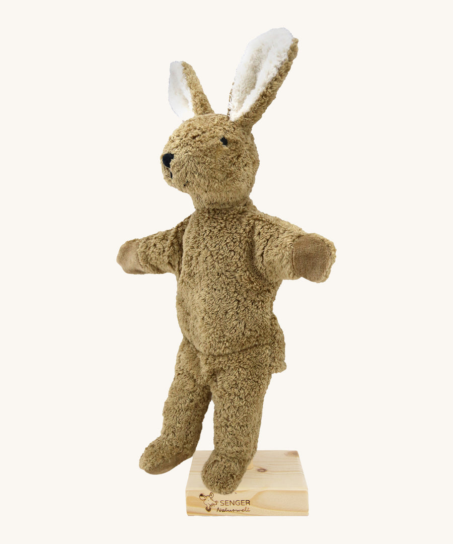 Senger Hand Puppet - Rabbit organic soft toy on a cream background.