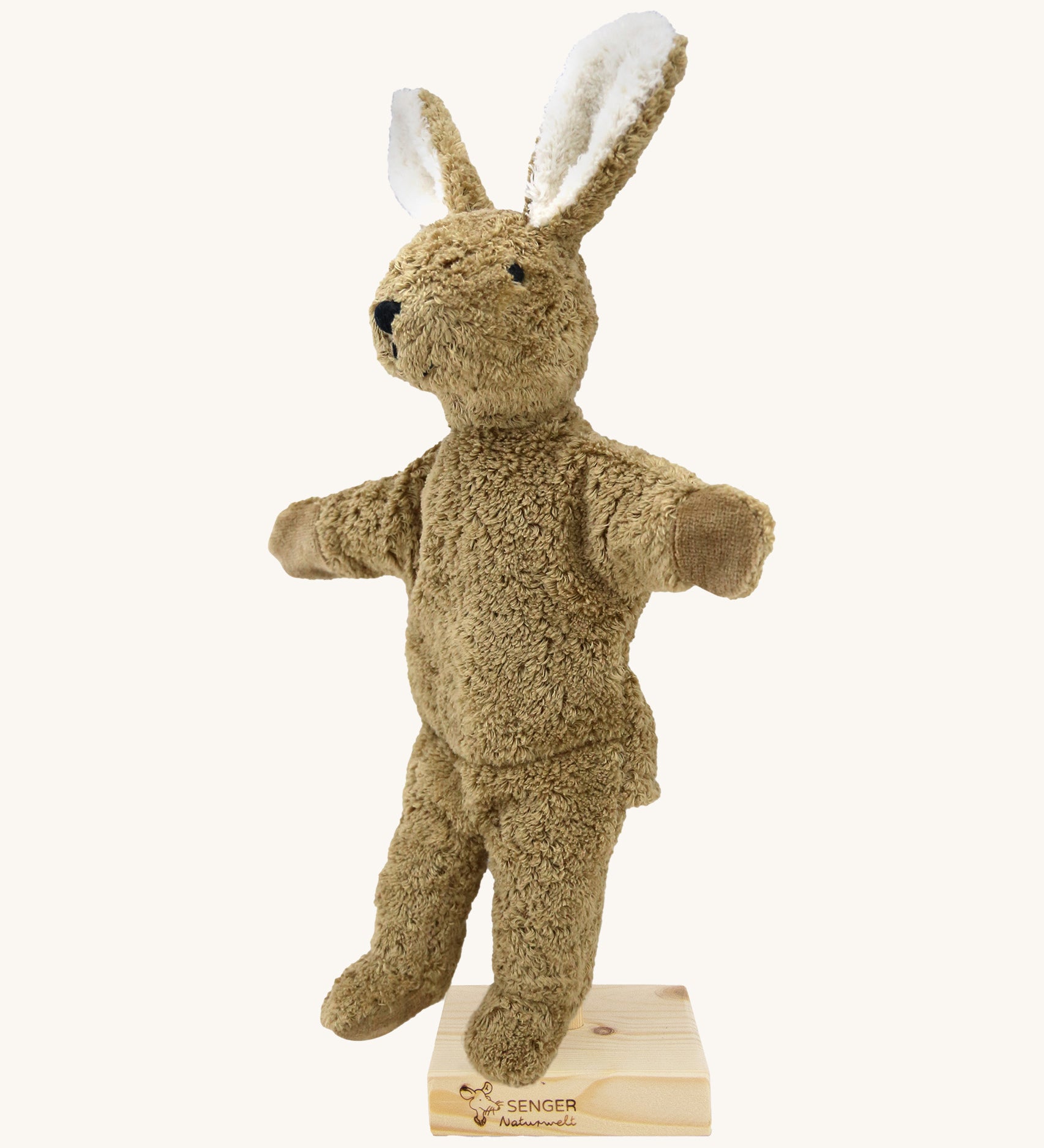 Senger Hand Puppet - Rabbit organic soft toy on a cream background.