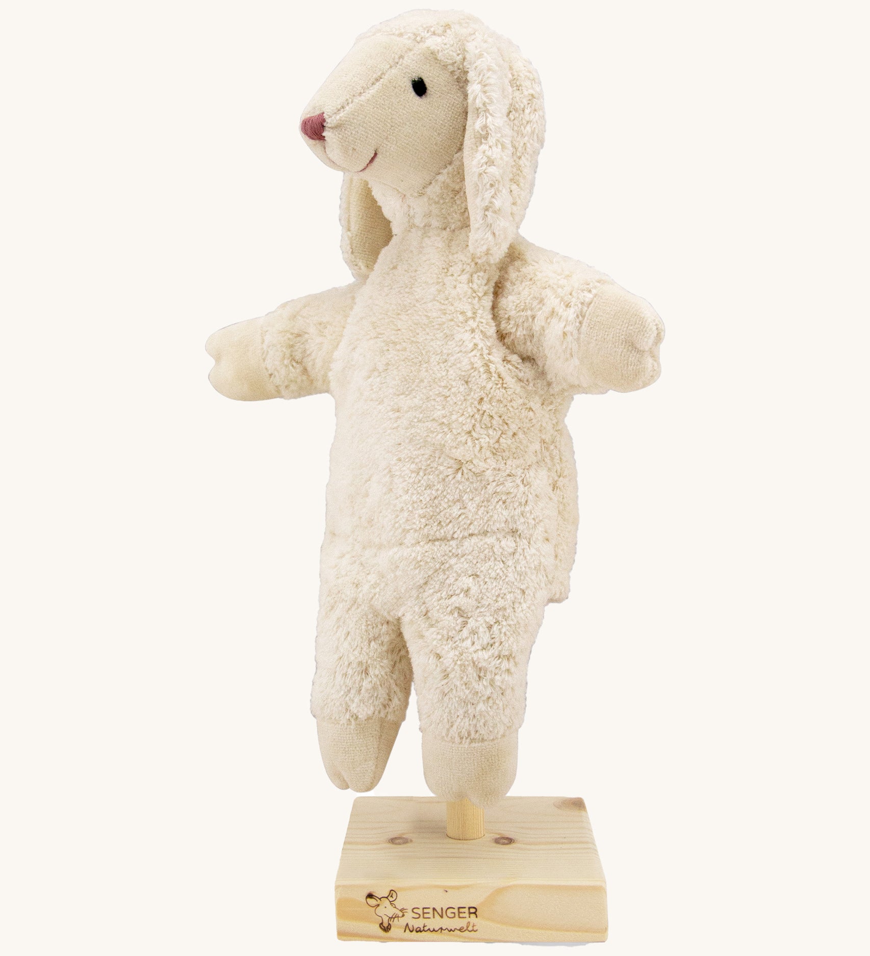 Senger Hand Puppet - White Sheep organic soft toy on a cream background.