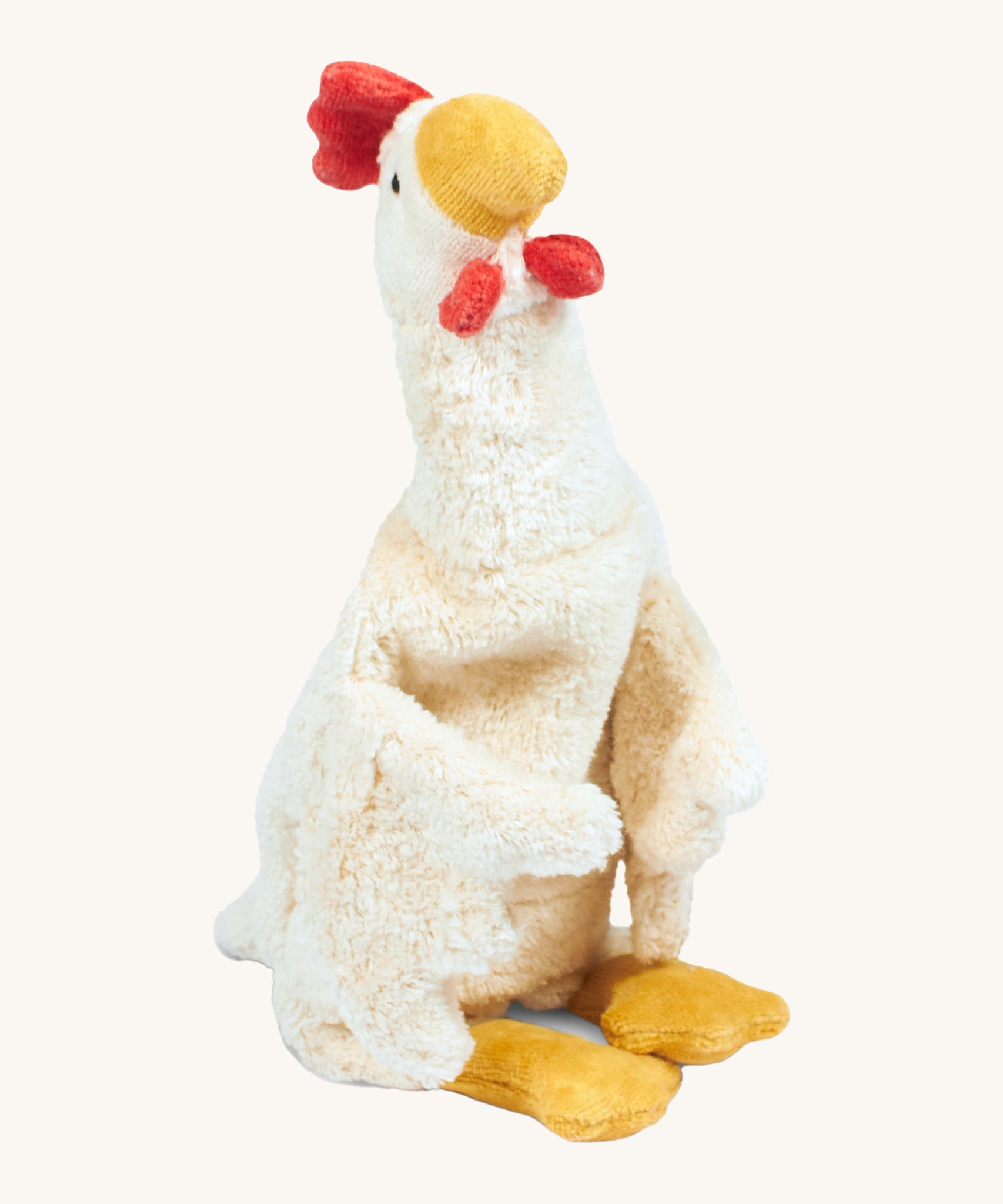 Senger Cuddly White Chicken - Small organic heatable soft toy on a cream background.