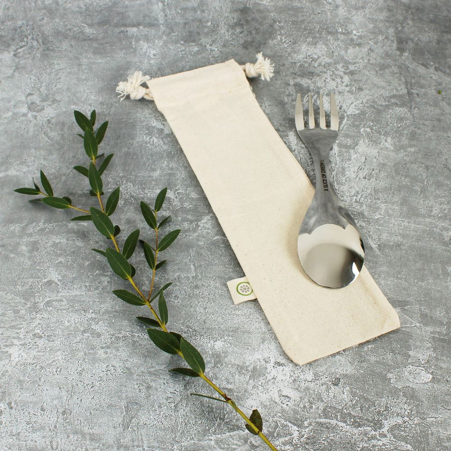 A Slice Of Green Organic Cotton Utensil Bag with metal spork