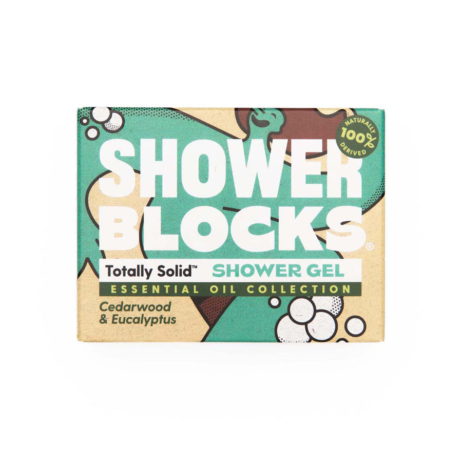 Shower Blocks essential oil collection  cedarwood and eucalyptus fragranced plastic free Gel Bar pictured in it's box on a plain background