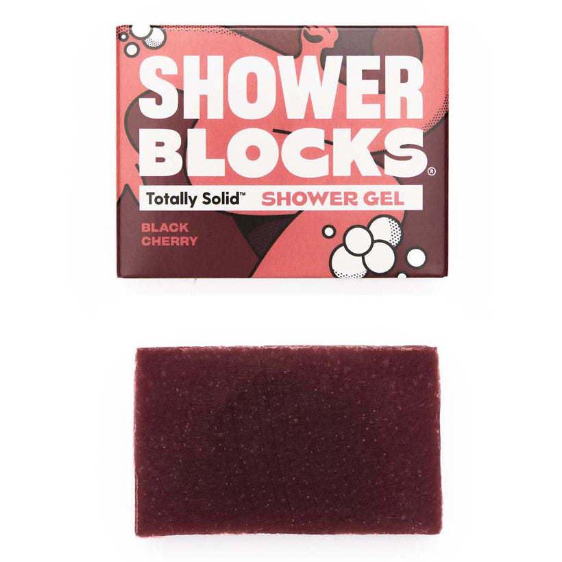 Shower Blocks Black Cherry fragranced plastic free Gel Bar pictured next to the box on a plain background