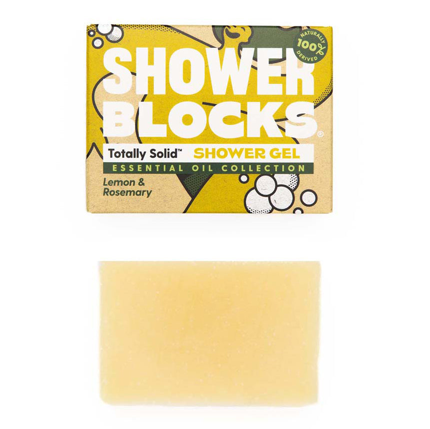 Shower Blocks essential oil collection lemon & rosemary fragranced plastic free Gel Bar pictured next to the box on a plain background