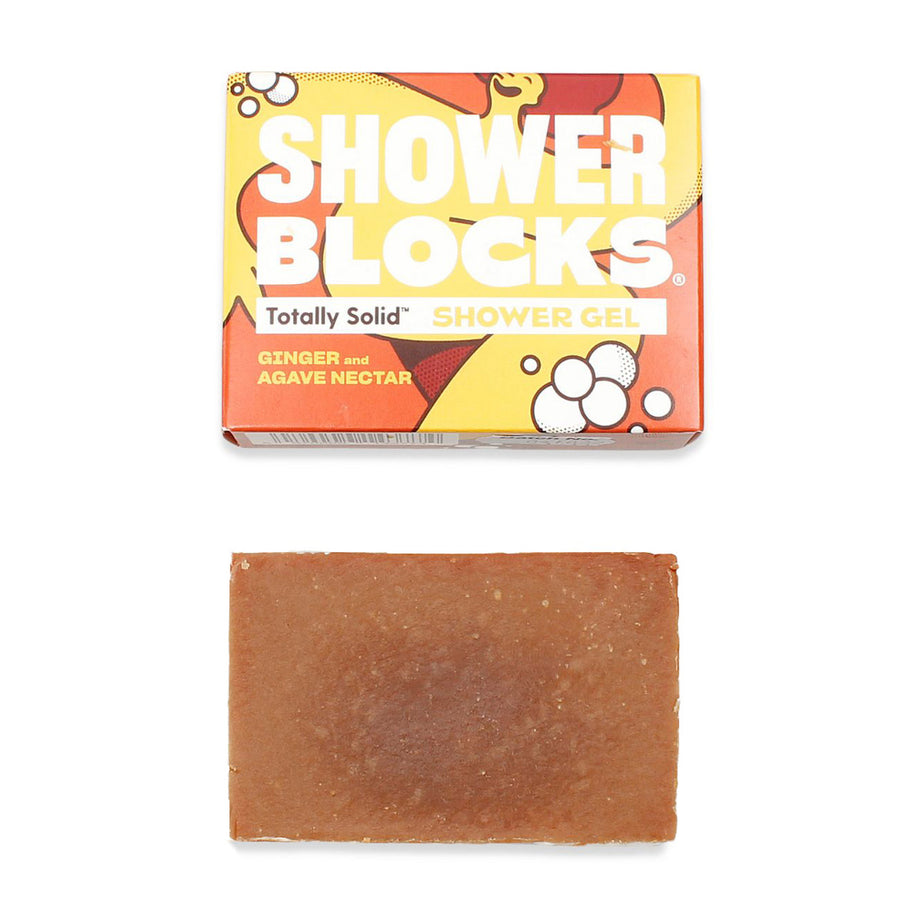 Shower Blocks Ginger & Agave Nectar Gel Bar pictured alongside packaging on a plain white background