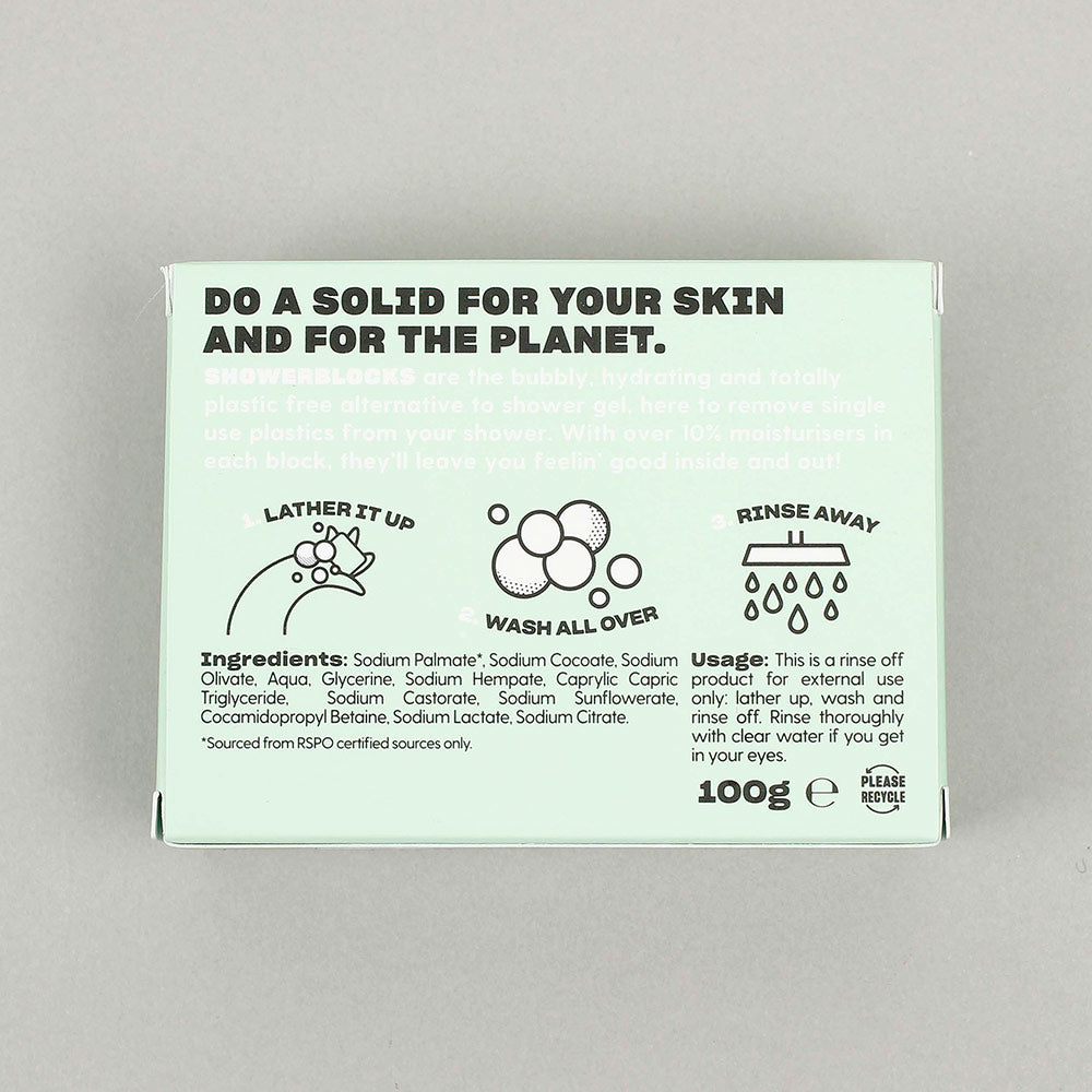 Back of the box of the Natural unscented Shower Blocks solid gel bar pictured on a plain background