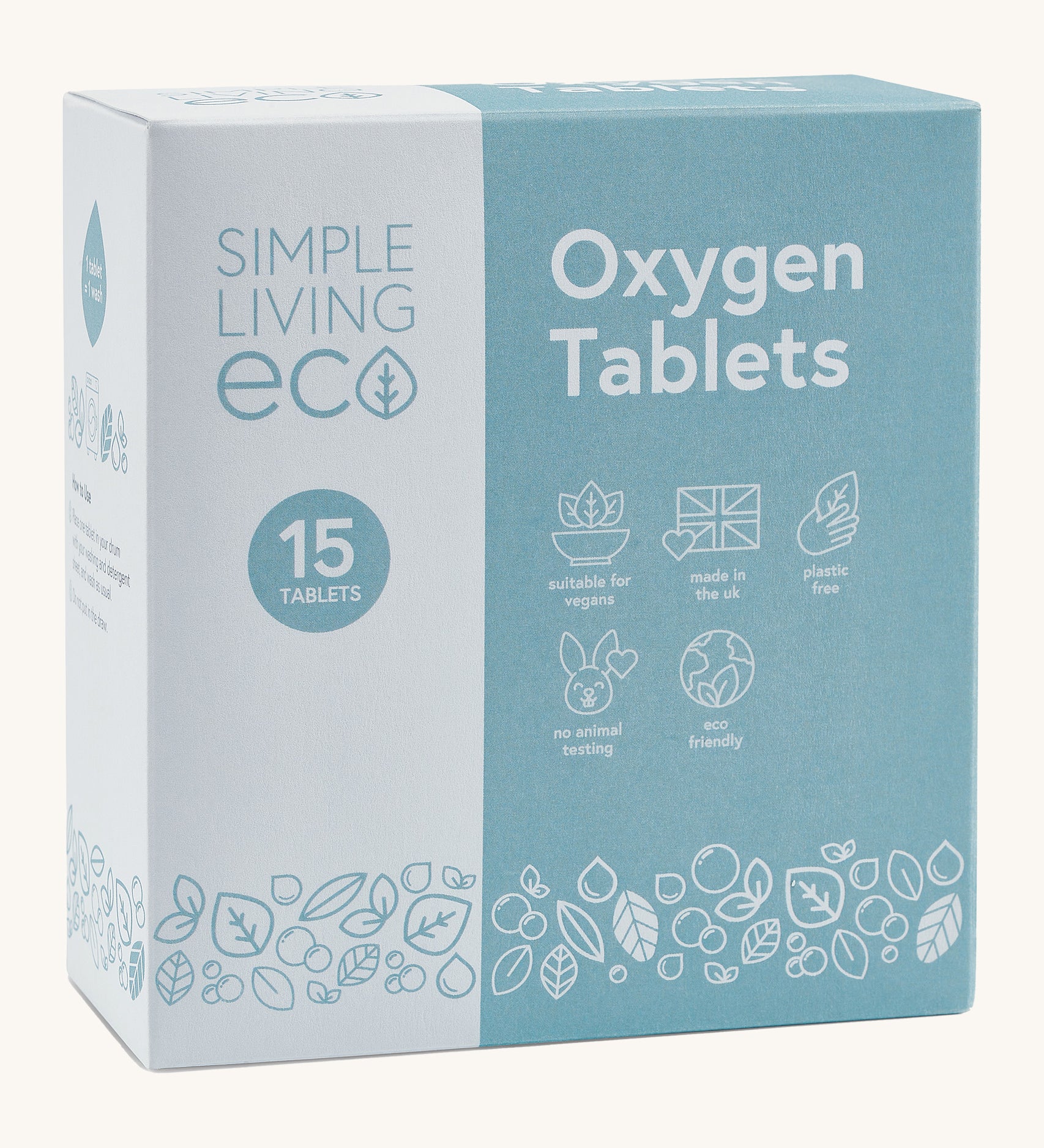 Simple Living Eco oxygen bleach tablets - percarbonate whitening and laundry booster in blue and white box.