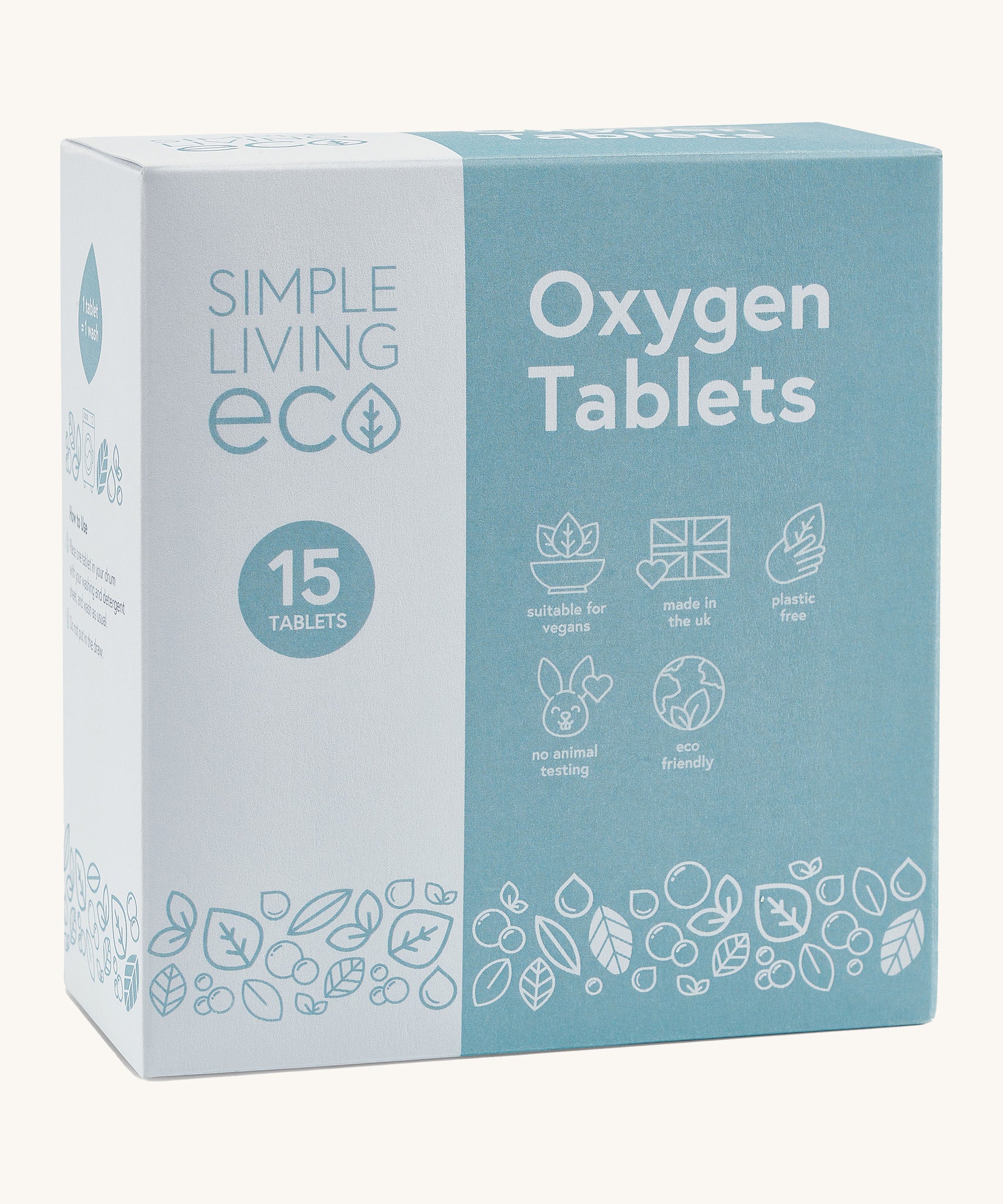 Simple Living Eco oxygen bleach tablets - percarbonate whitening and laundry booster in blue and white box.