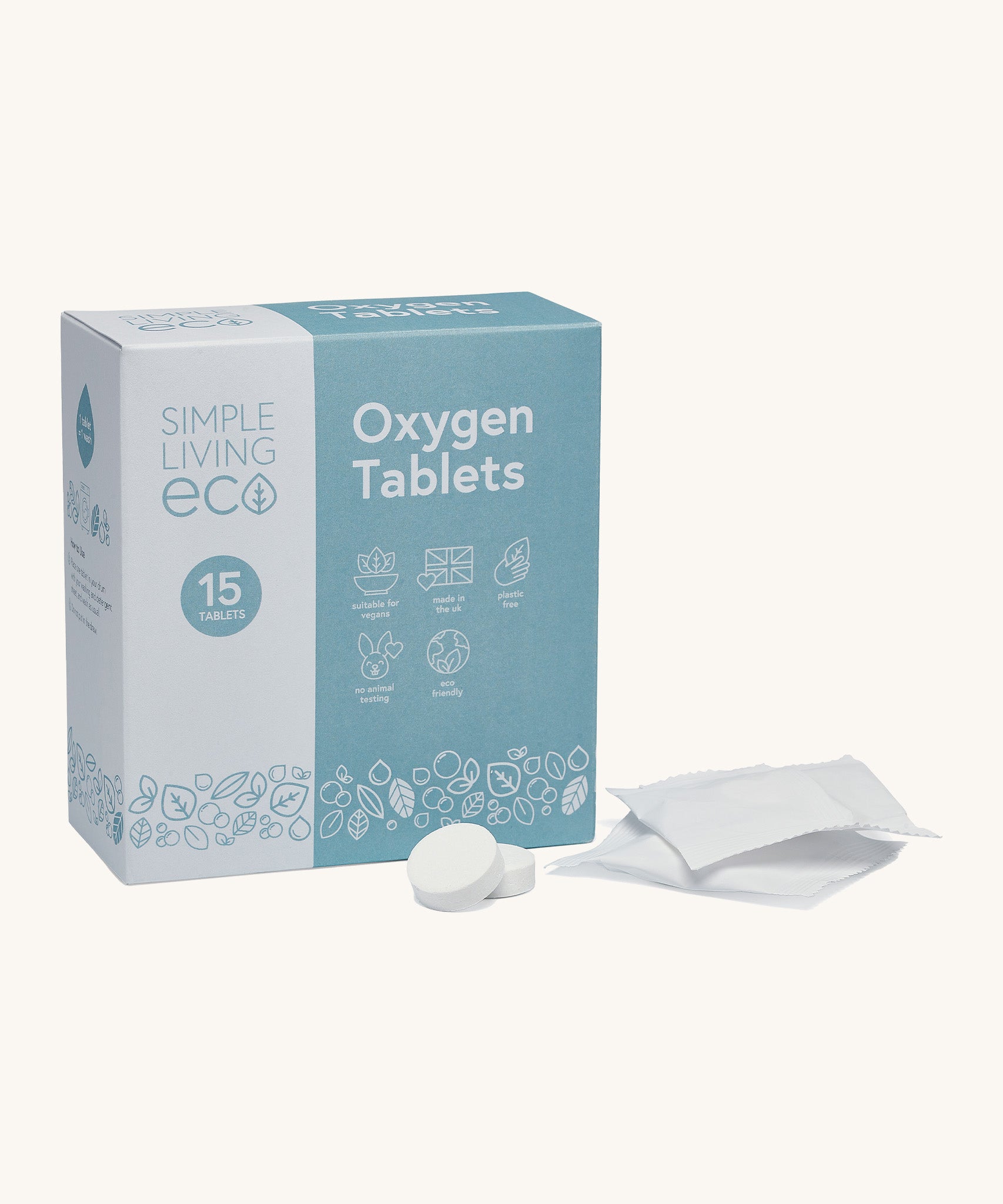 Simple Living Eco oxygen 15 pack tablets in original cardboard packaging with 2 opened tablets on a cream background.