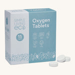 Simple Living Eco oxygen 15 pack tablets in original cardboard packaging with 3 opened tablets on a cream background.