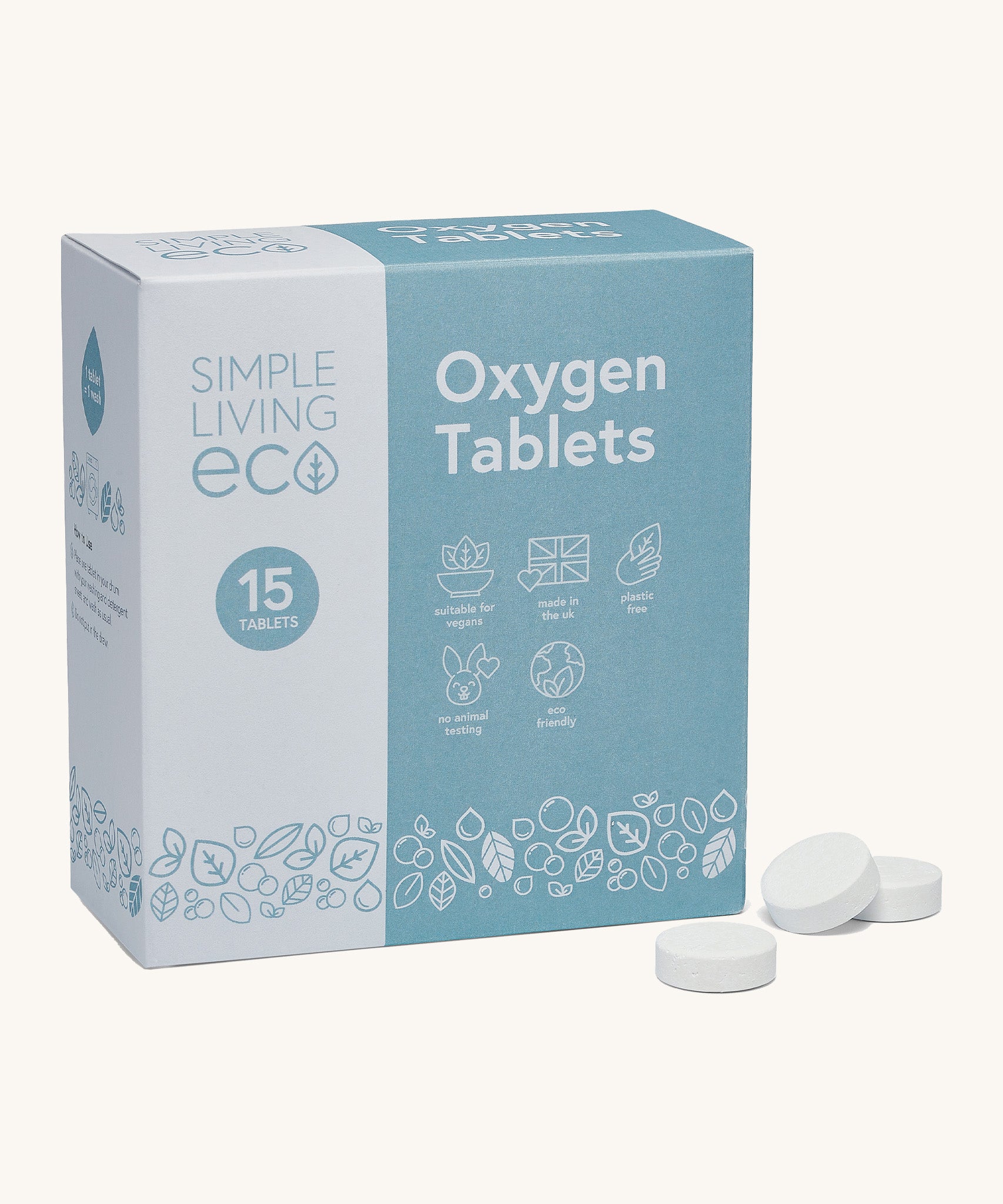 Simple Living Eco oxygen 15 pack tablets in original cardboard packaging with 3 opened tablets on a cream background.