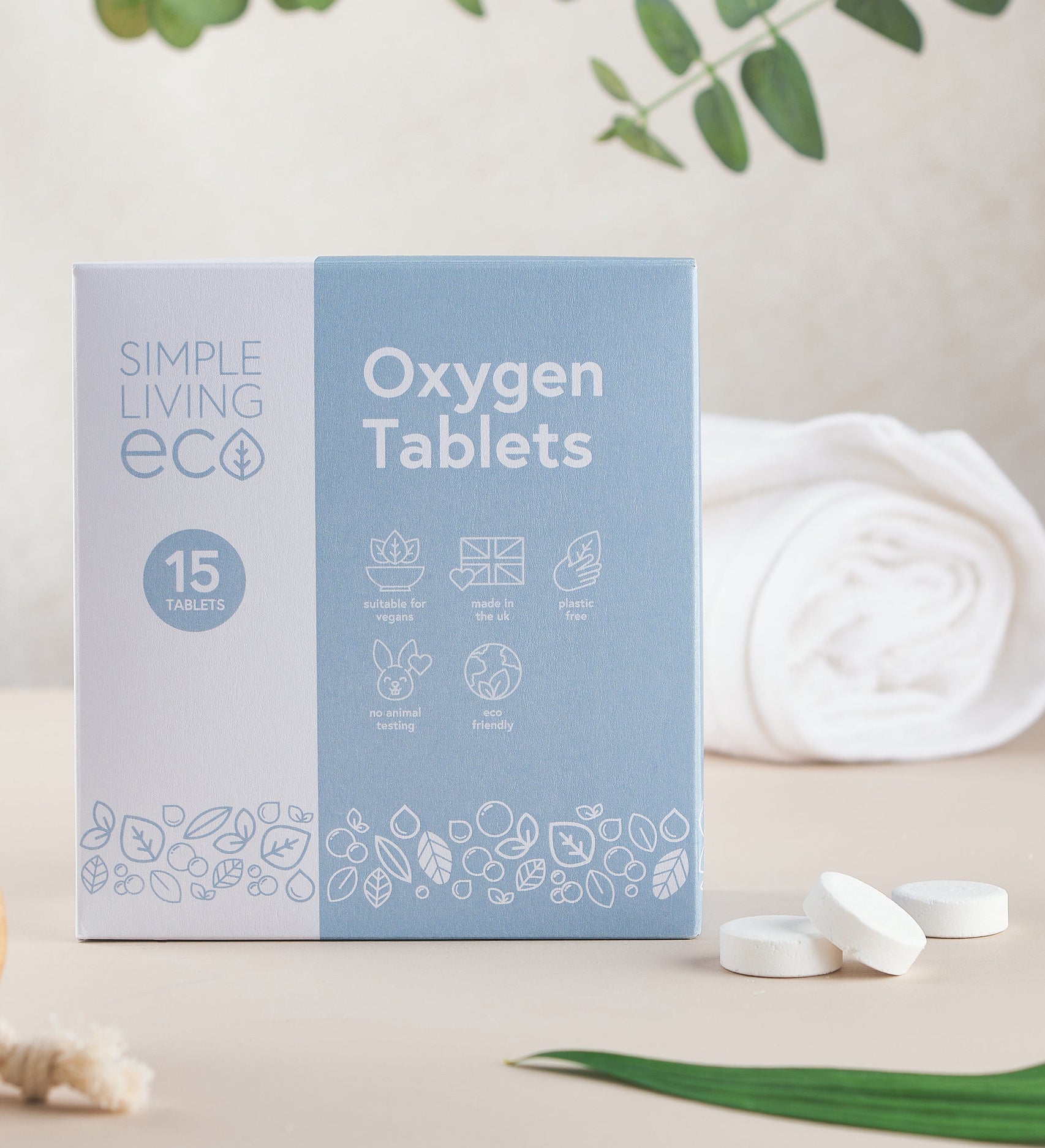 Simple Living Eco oxygen 15 pack tablets in original cardboard packaging standing on a table with 2 opened tablets 