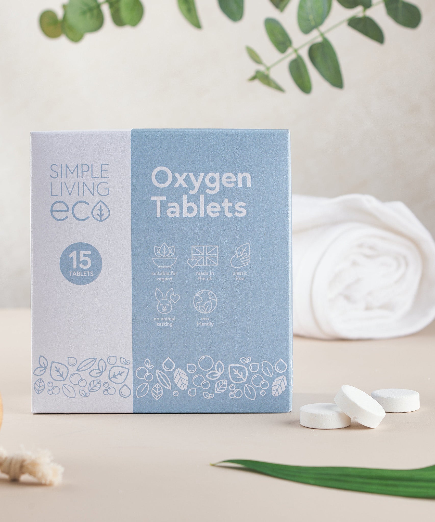 Simple Living Eco oxygen 15 pack tablets in original cardboard packaging standing on a table with 2 opened tablets 