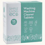 Simple Living Eco washing machine cleaner 15 pack tablets in original cardboard packaging on a cream background.