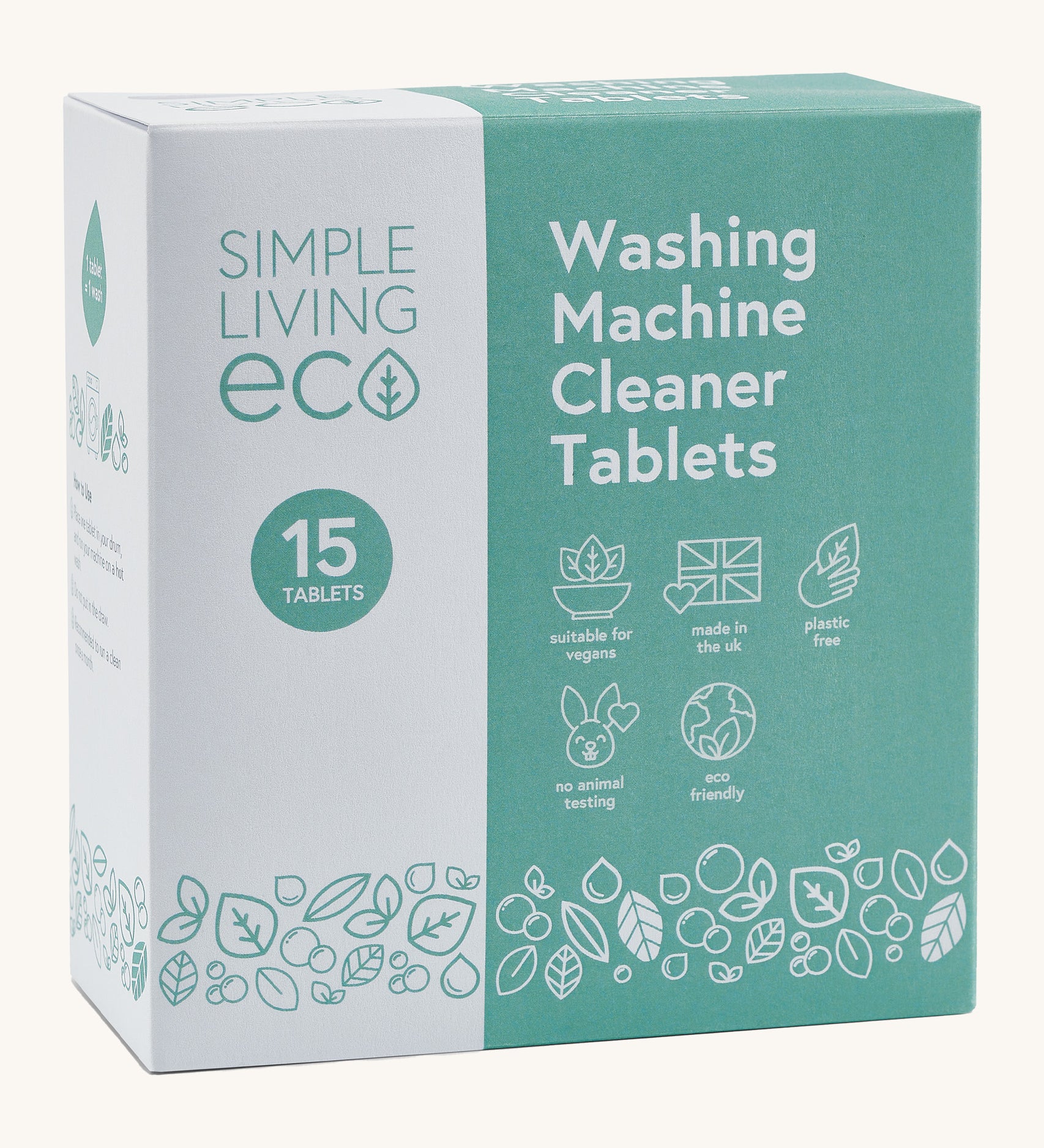 Simple Living Eco washing machine cleaner 15 pack tablets in original cardboard packaging on a cream background.