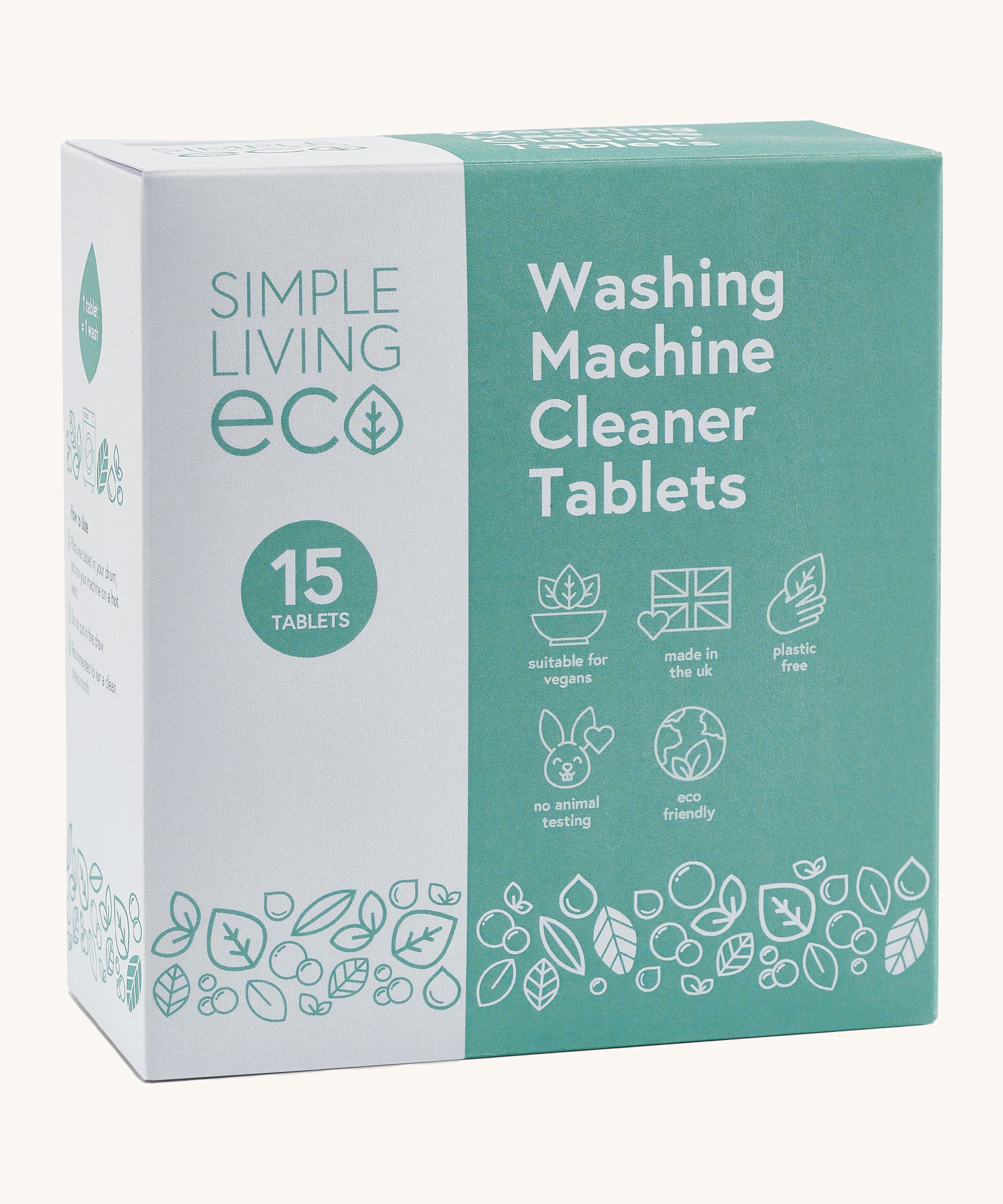 Simple Living Eco washing machine cleaner 15 pack tablets in original cardboard packaging on a cream background.