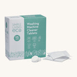 Simple Living Eco washing machine cleaner 15 pack tablets in original cardboard packaging with 2 opened tablets on a cream background.