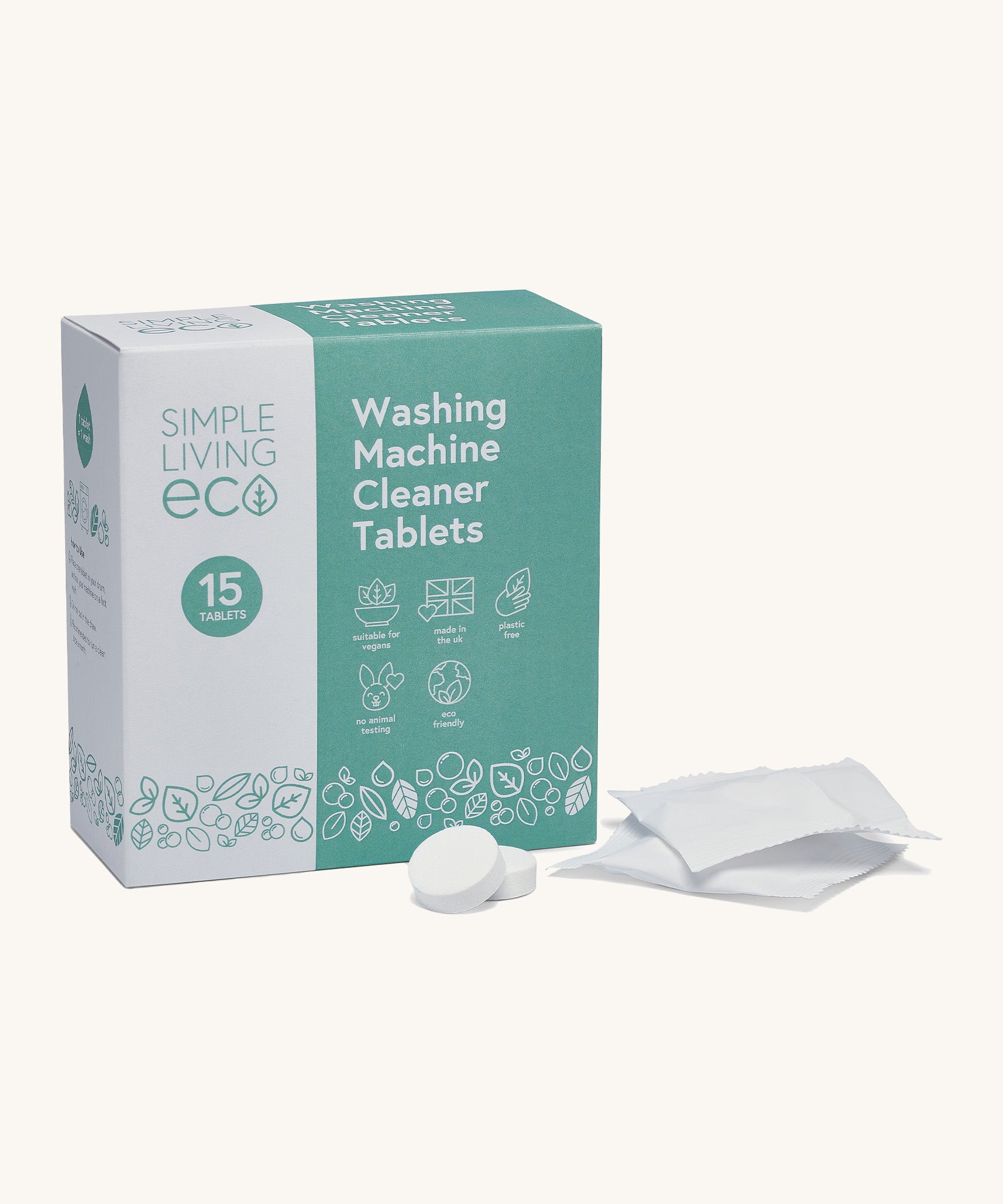 Simple Living Eco washing machine cleaner 15 pack tablets in original cardboard packaging with 2 opened tablets on a cream background.