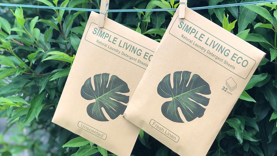 Simple Living Eco laundry detergent hanging on a washing line