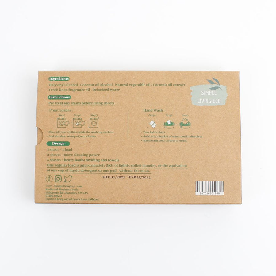 Simple Living Eco Dissolvable Laundry Detergent Sheets - Fresh Linen 64 Pack back of box