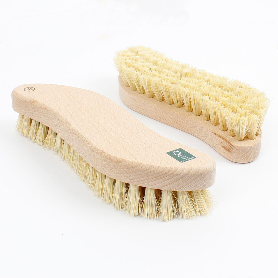 2 Slice of Green FSC Certified wooden scrubbing brushes on a white background showing the plant-based bristles