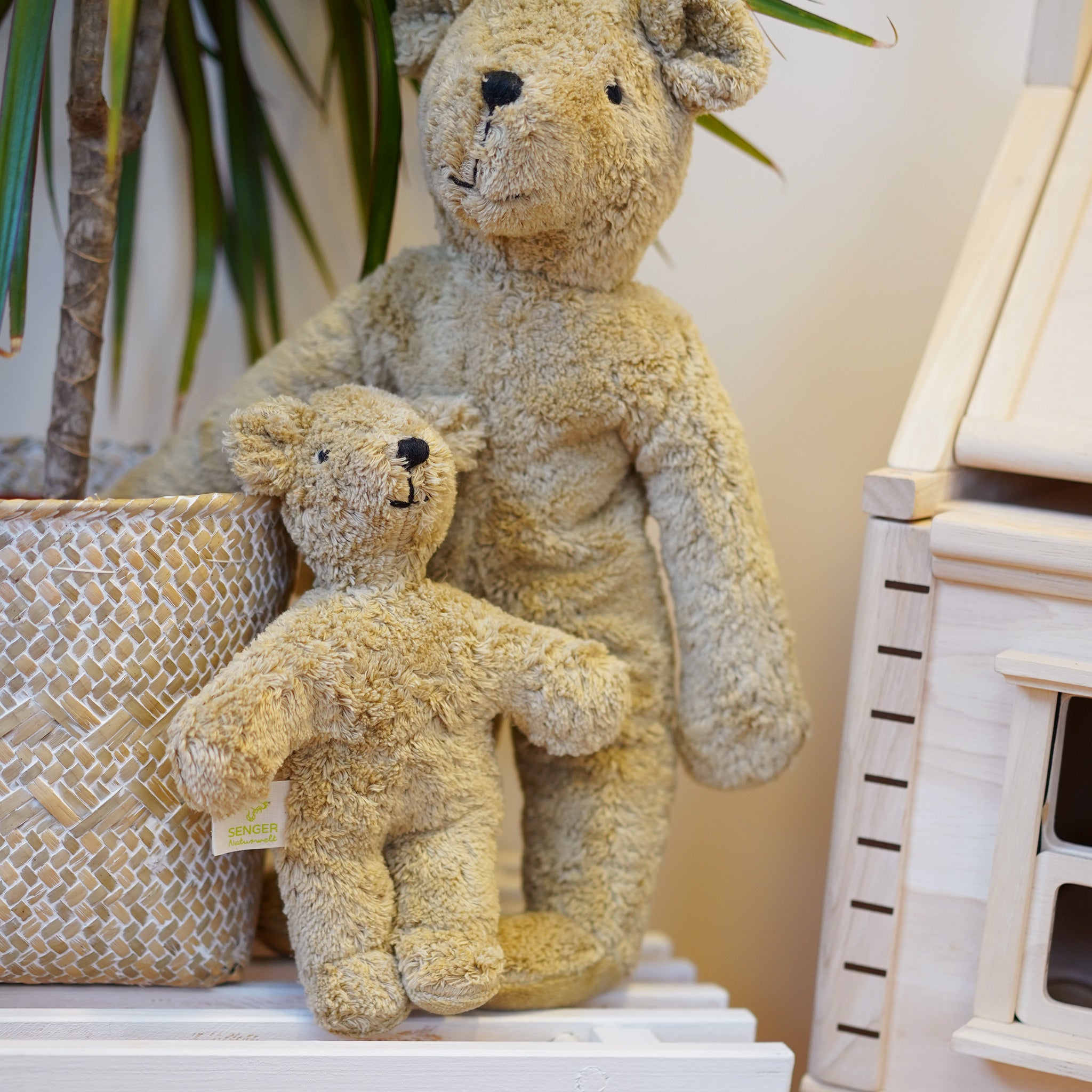 Senger Animal Baby Bear Toy. Made entirely of sustainably-produced cotton plush, and can safely be sucked or chewed, a soft body plush toy bear in light brown/beige, on a cream background