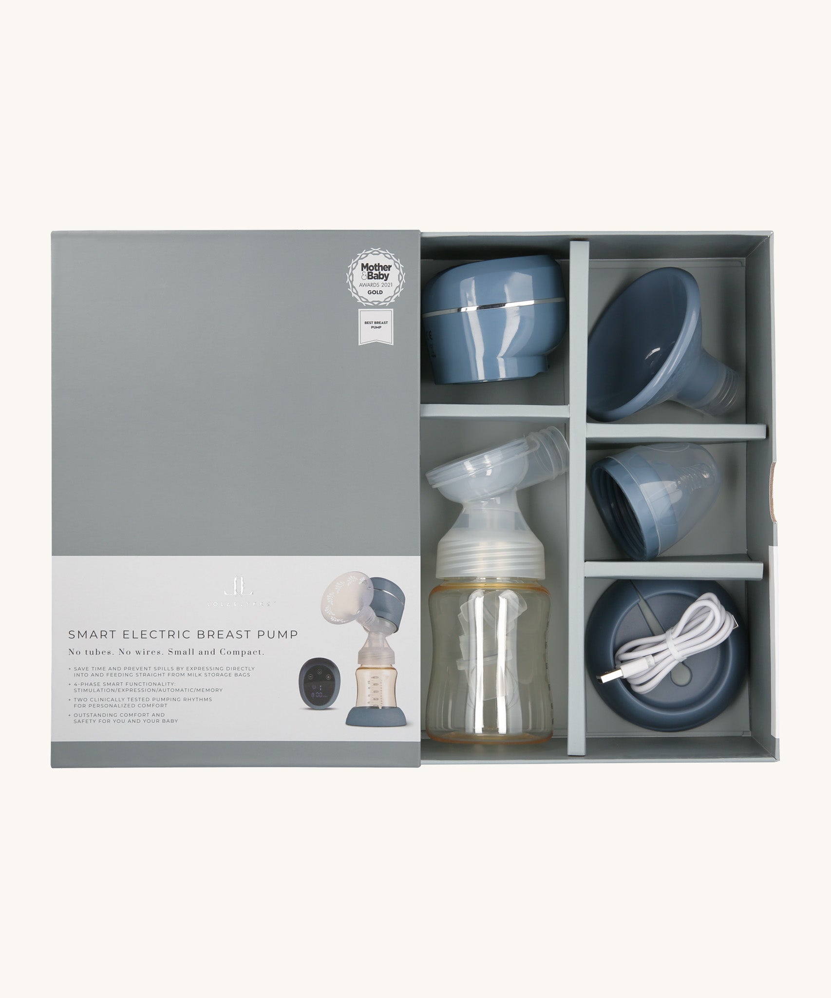 The contents of the Lola&Lykke Smart Electric Breast Pump box showing all the parts of the Breast Pump