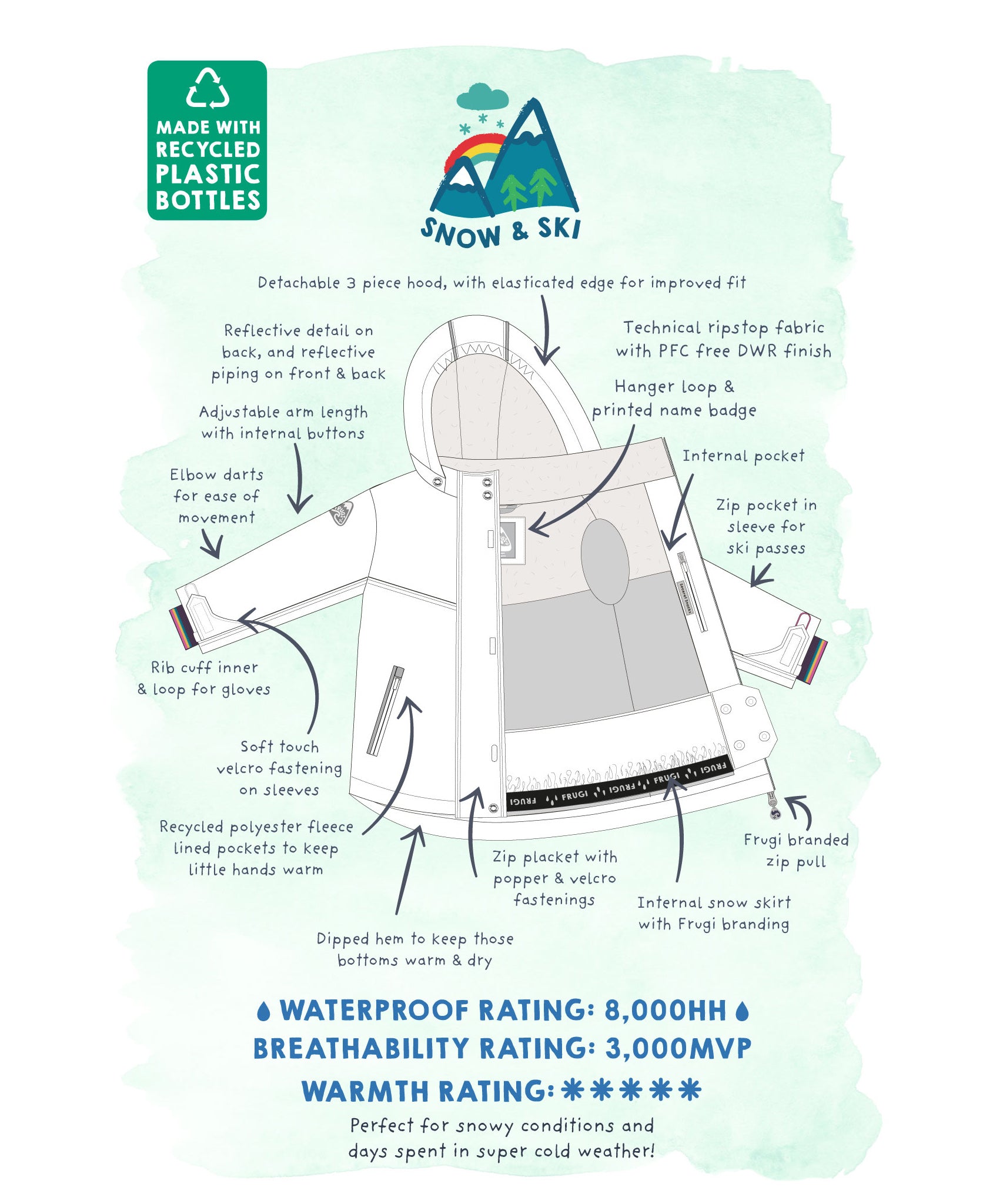 A closer look at the waist fastener on the Frugi Children's Snow & Ski Coat - Alpine Adventures