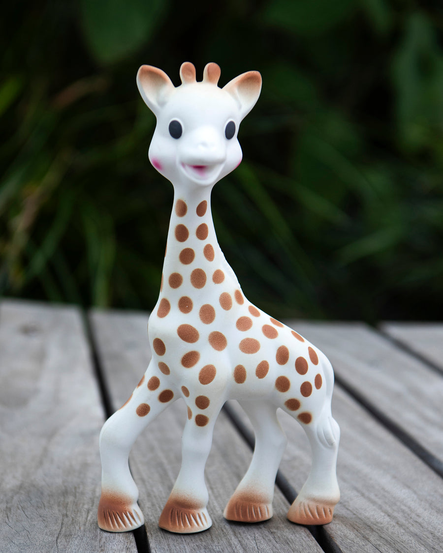  looking down and holding the Sophie la Girafe® - Once Upon A Time 100% Natural Rubber Original Giraffe Teether