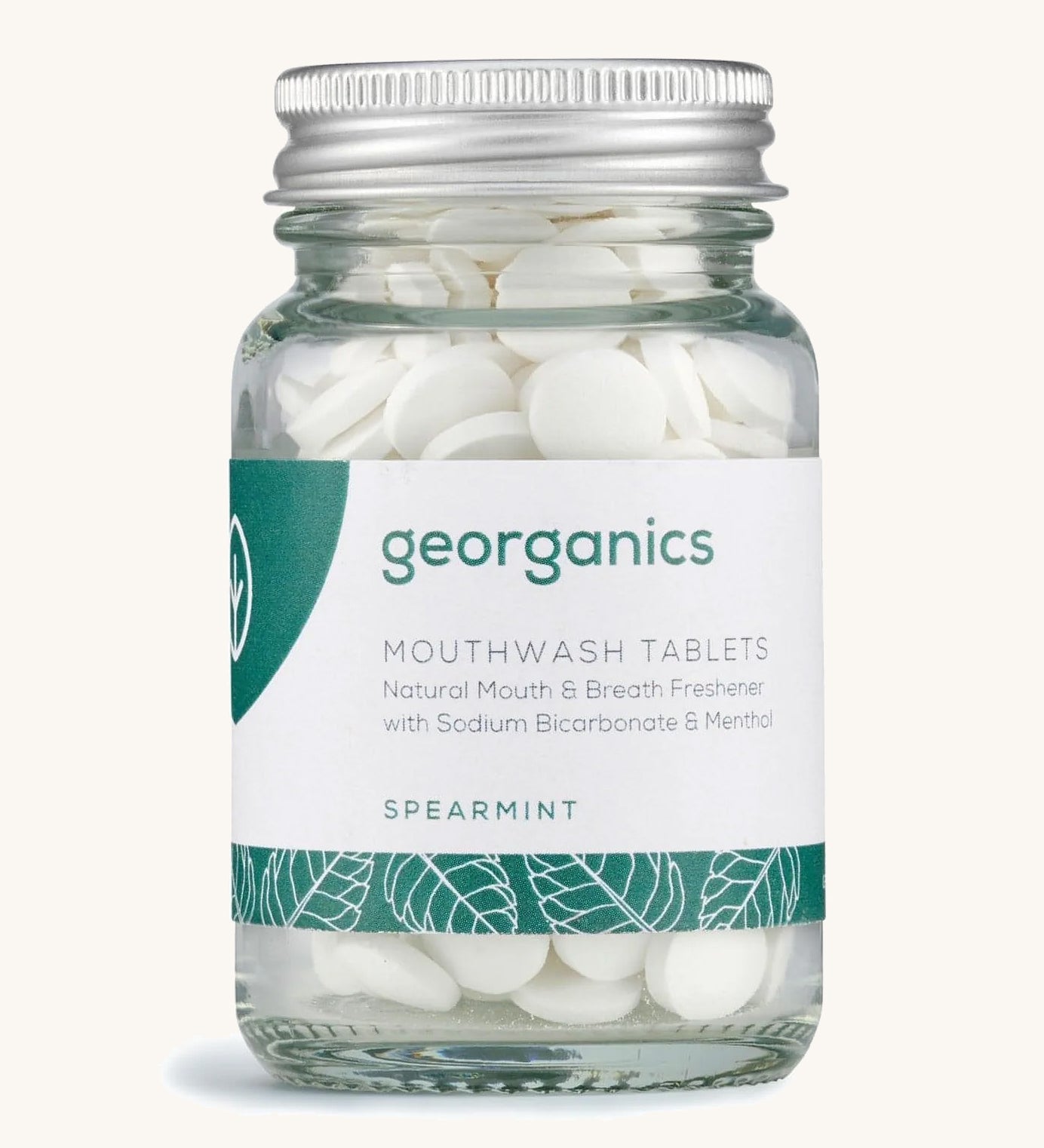 A Jar of the spearmint Georganics mouthwash tablets on a cream background