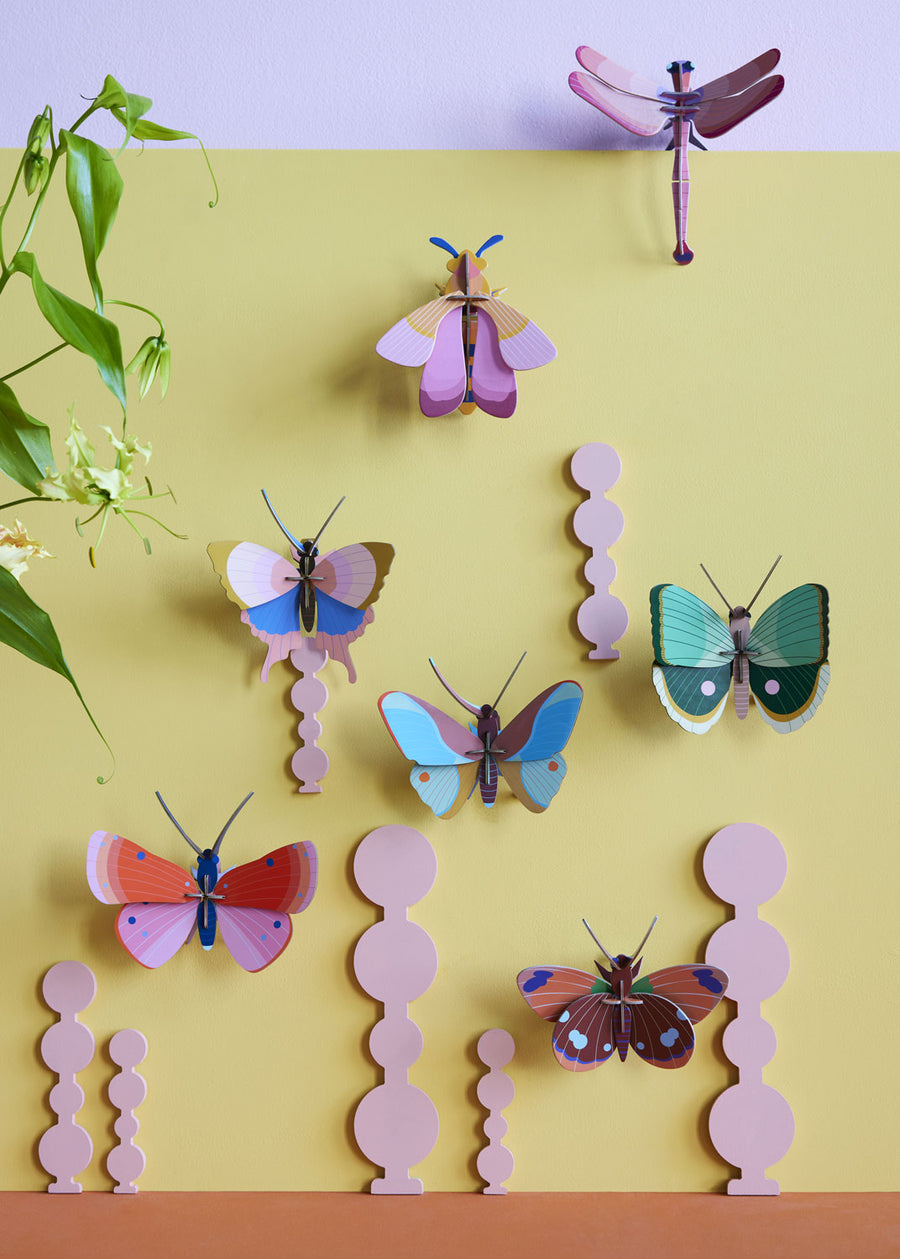 Collection of Studio Roof butterfly and insect decorations on a pastel yellow coloured wall with a pastel lilac border on the top