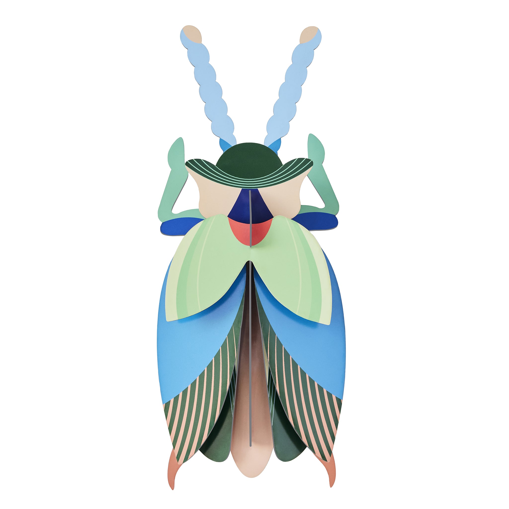 Studio Roof Emerald Beetle Cardboard Model, 3D Wall Art. A beautiful Emerald Beetle model, in blues, greens, yellows and peach colours on a white background