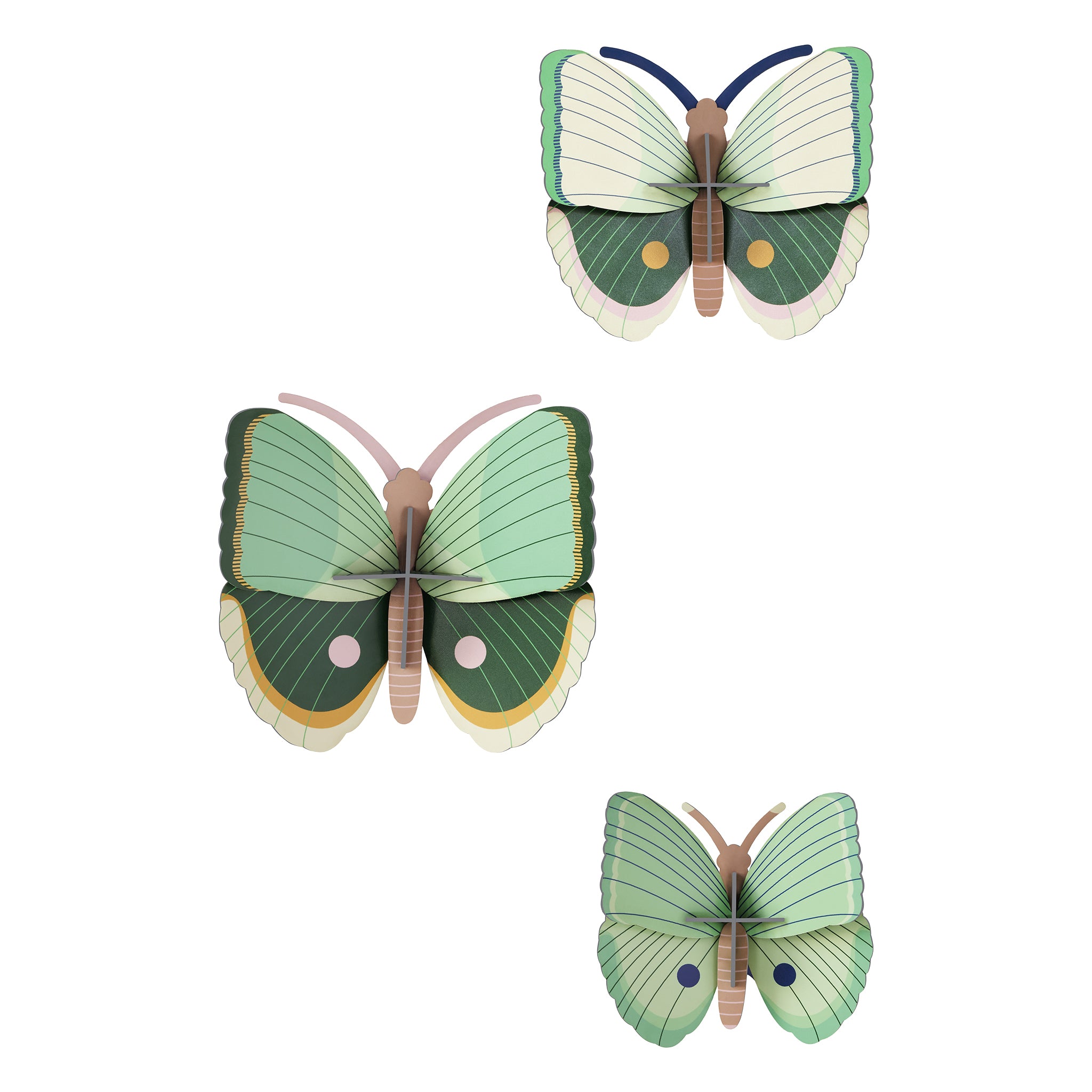 Studio Roof Fern Striped Butterflies Cardboard Model - 3 Pack, 3D Wall Art. 3 beautiful, fern green, striped winged, butterflies in shade of green, pink and yellow on a white background