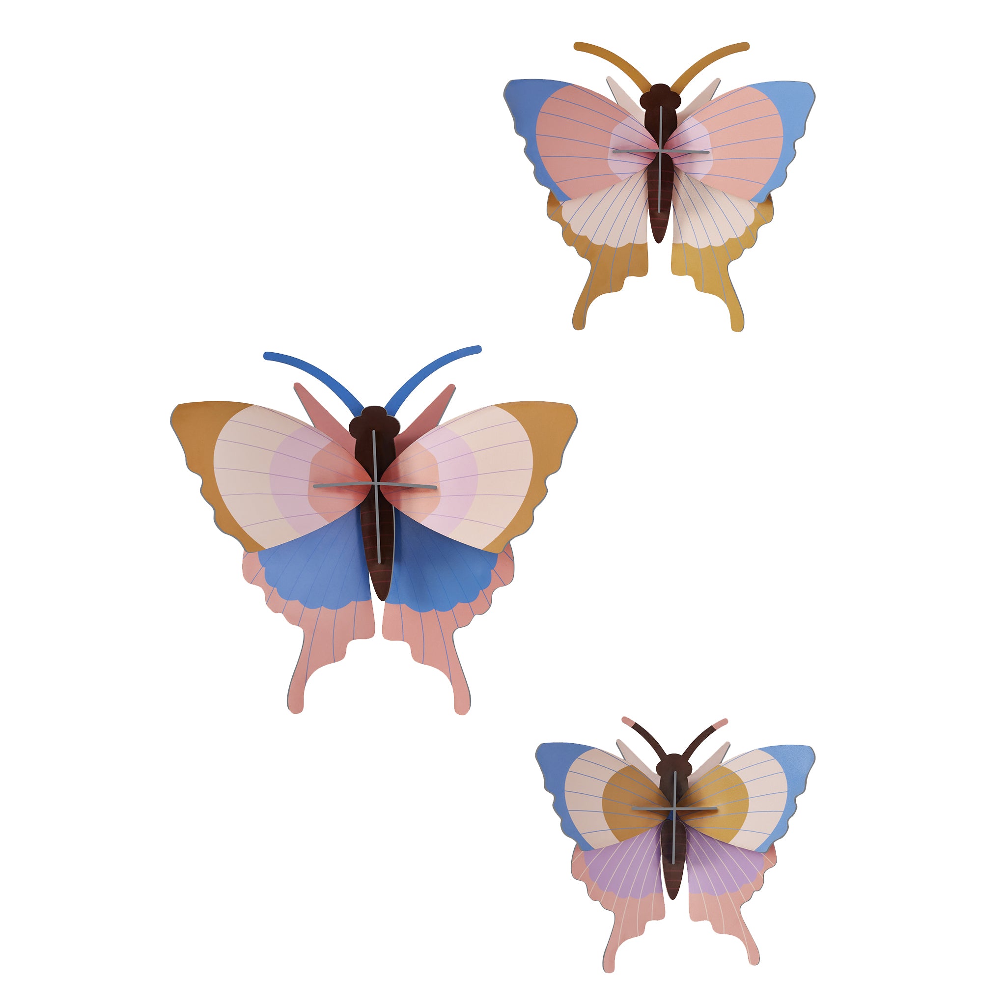 Studio Roof Gold Rim Butterflies Cardboard Model - 3 Pack, 3D Wall Art. 3 decorative butterflies in shades of golds, blues, and pinks on a white background