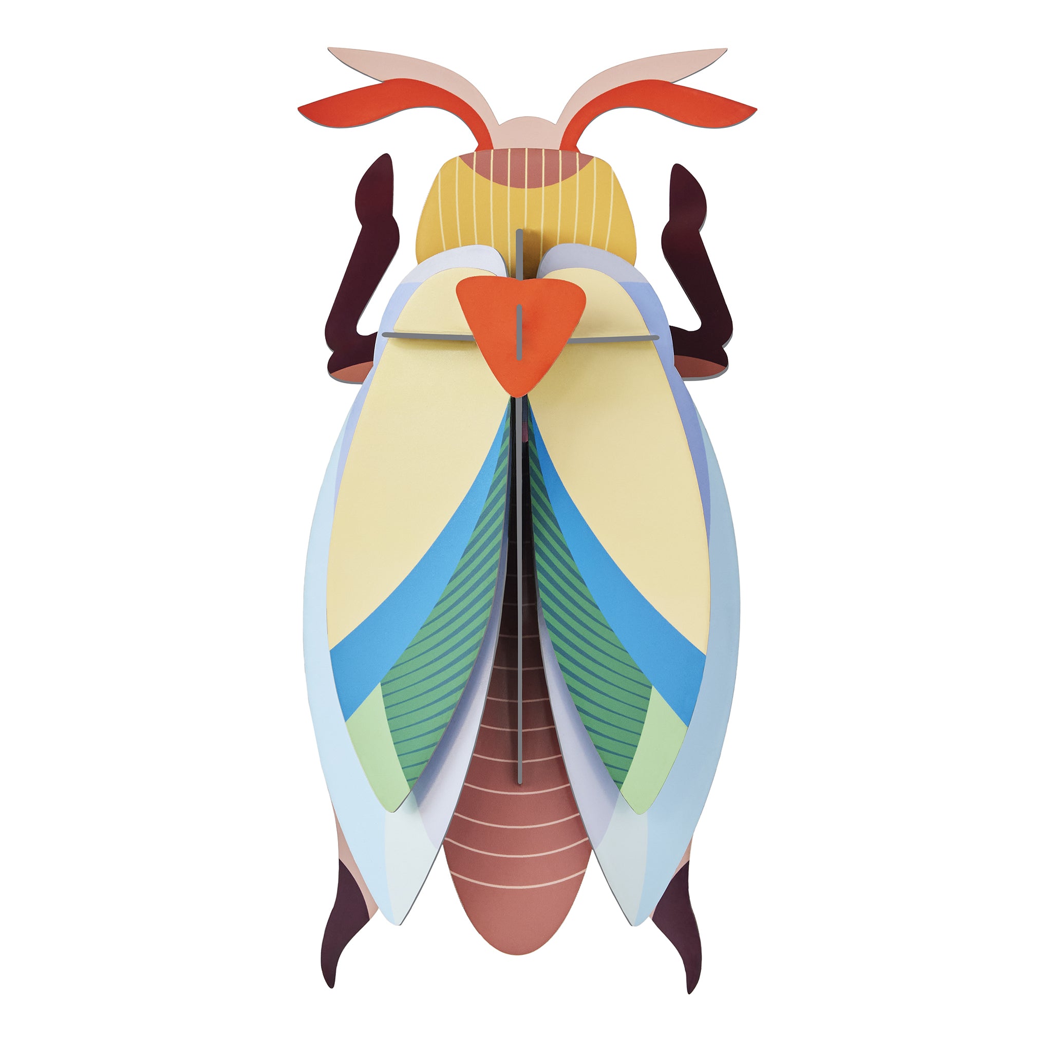 Studio Roof Luna Jewel Beetle Cardboard Model, 3D Wall Art. A colourful 3D Arts and Crafts beetle in shades of yellow, blue, burgundy and orange, on a white background