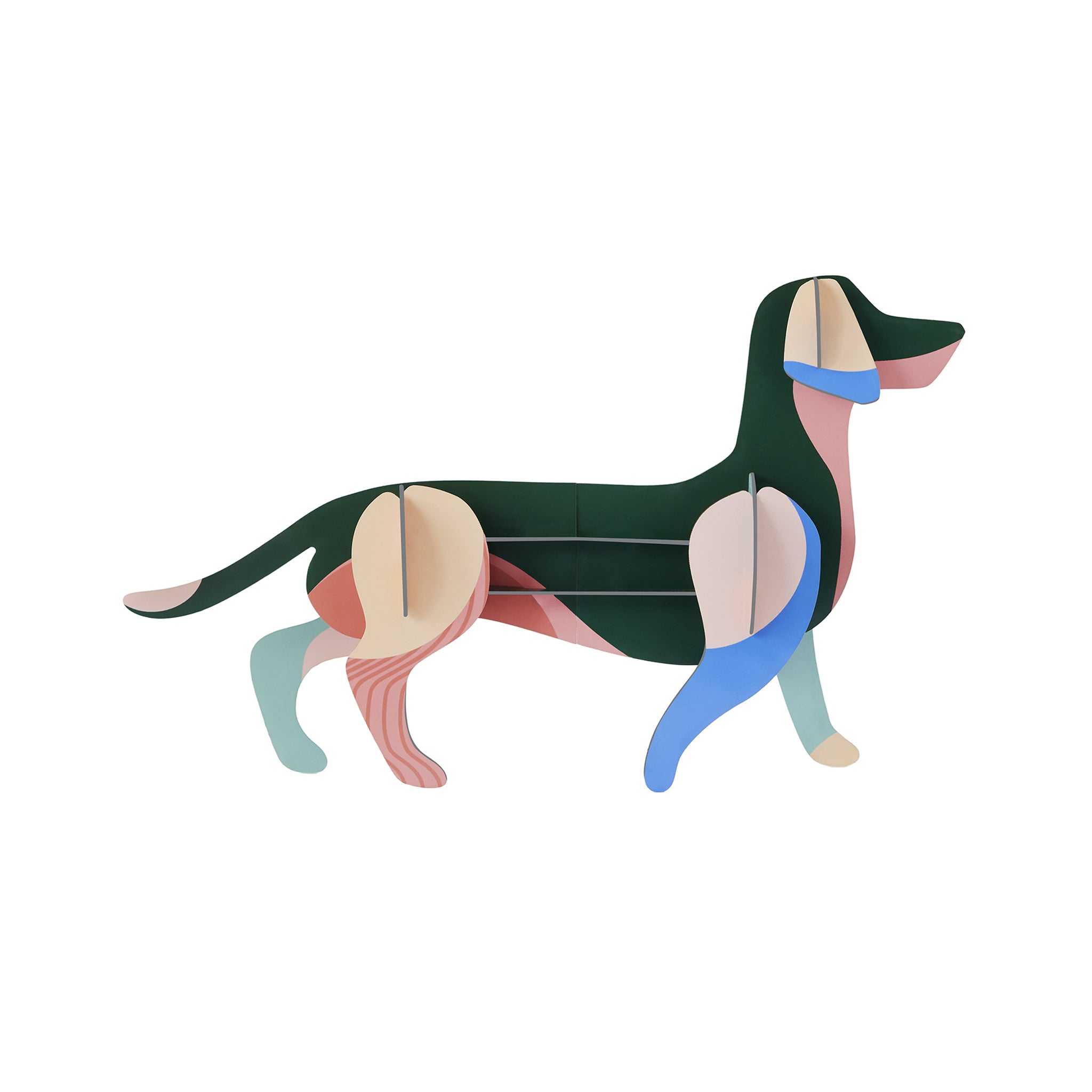 Studio Roof Mister Oscar Cardboard Model, 3D Art. A fun sausage dog model in shades of green, blue, yellow and pinks, on a white background