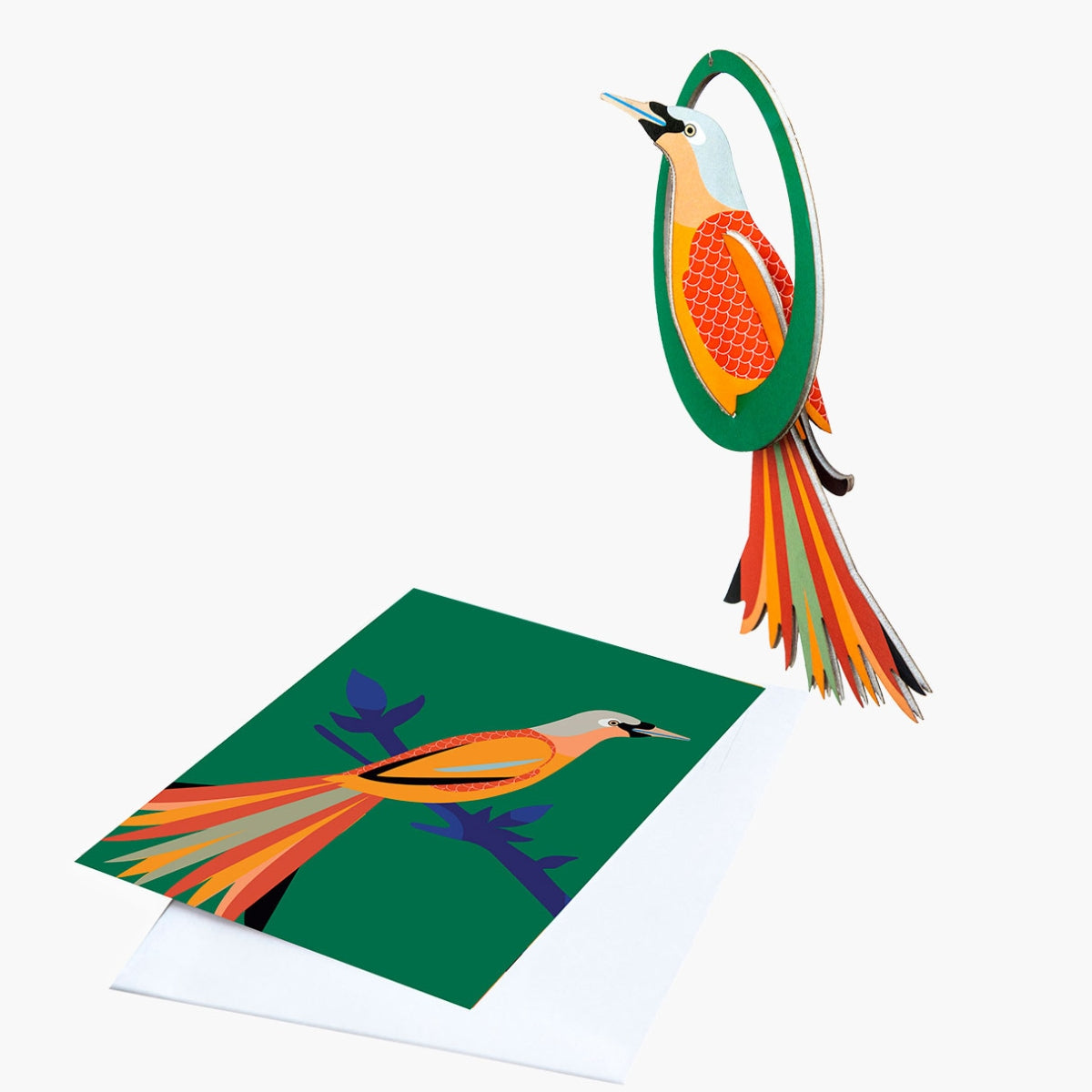 Studio ROOF paradise Bird pop out card in Obi design. Picture shows flat card and pre popped out bird on white background