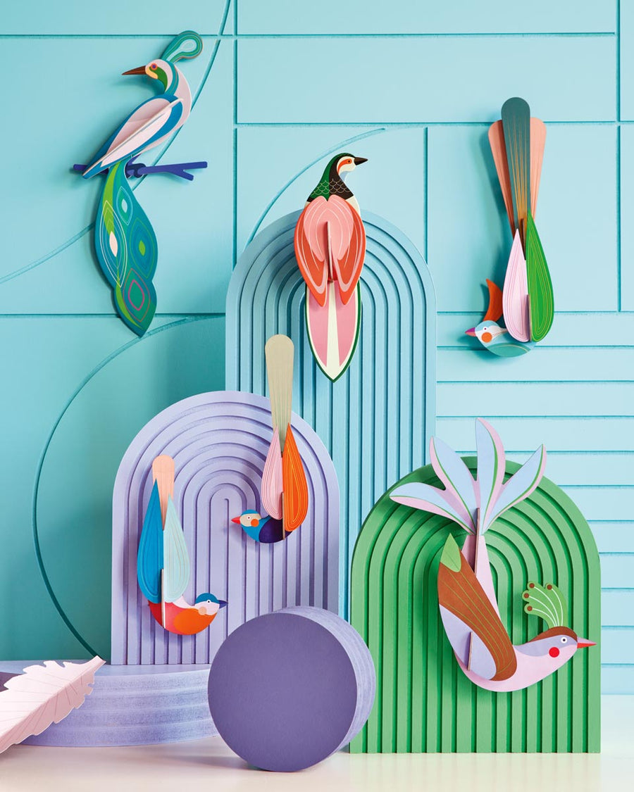 Studio Roof eco-friendly slotting paradise bird models hanging from purple