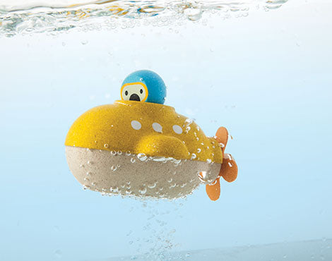 The PlanToys submarine bath toy shown underwater. 